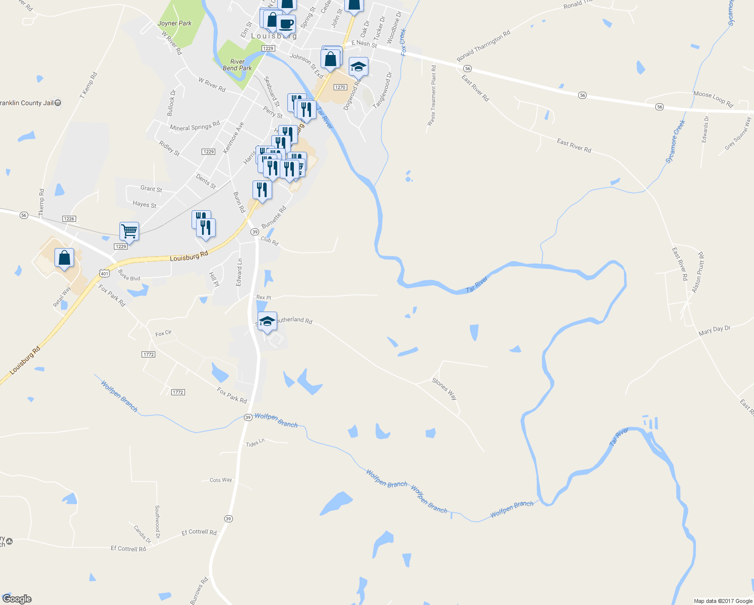 map of restaurants, bars, coffee shops, grocery stores, and more near 132 Rex Place in Louisburg