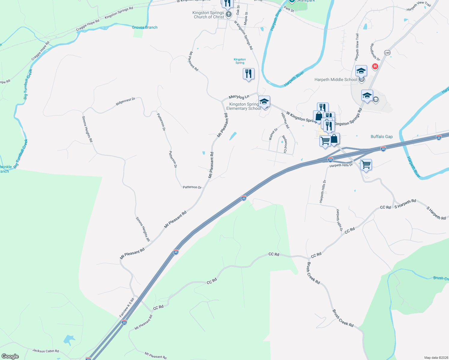 map of restaurants, bars, coffee shops, grocery stores, and more near 1000 Blackburn Court in Kingston Springs