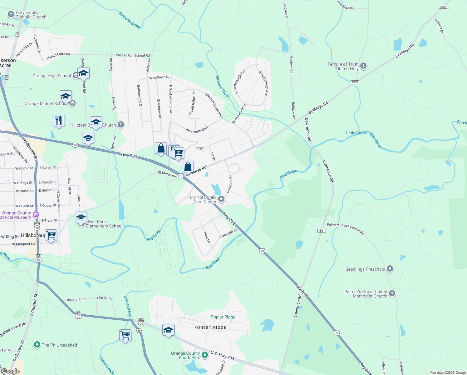 map of restaurants, bars, coffee shops, grocery stores, and more near 220 Crawford Road in Hillsborough