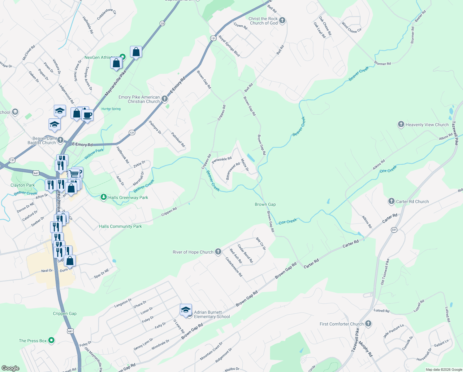 map of restaurants, bars, coffee shops, grocery stores, and more near 7102 Periwinkle Road in Knoxville