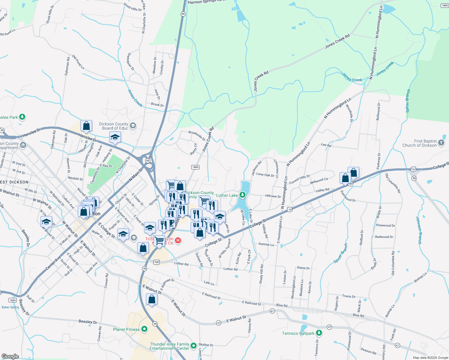 map of restaurants, bars, coffee shops, grocery stores, and more near 113 Dogwood Ln in Dickson