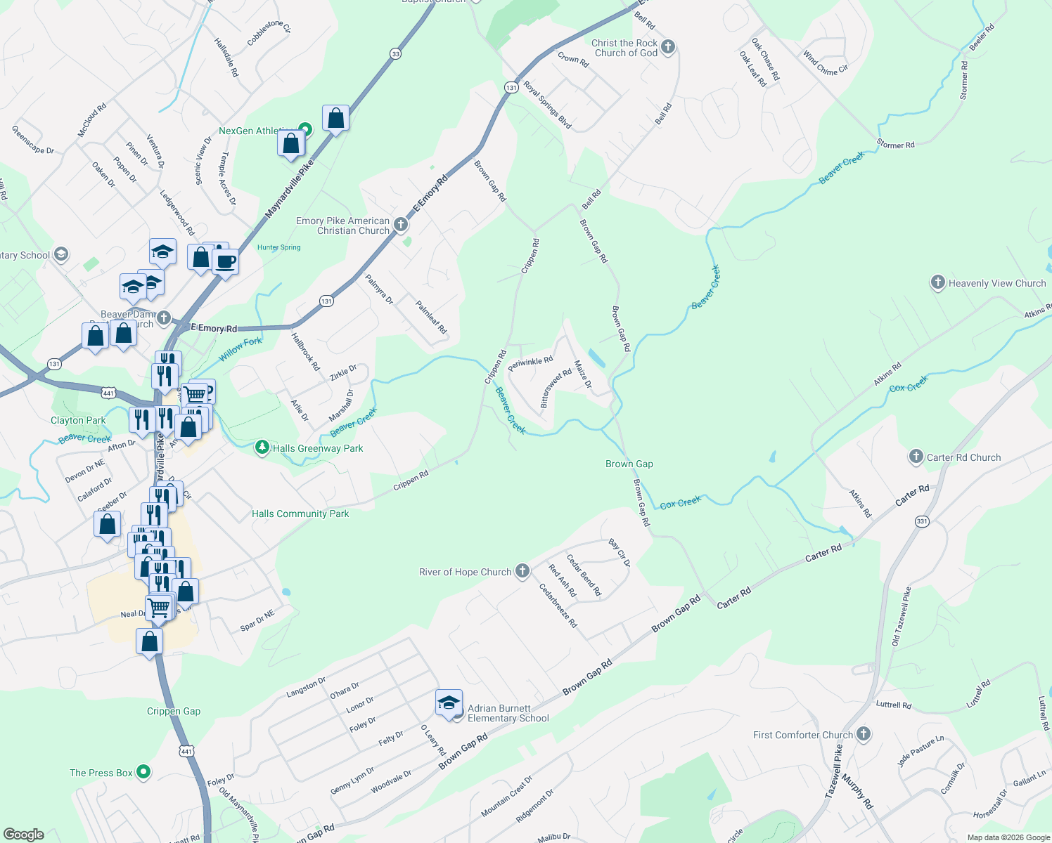 map of restaurants, bars, coffee shops, grocery stores, and more near 7113 Periwinkle Road in Knoxville
