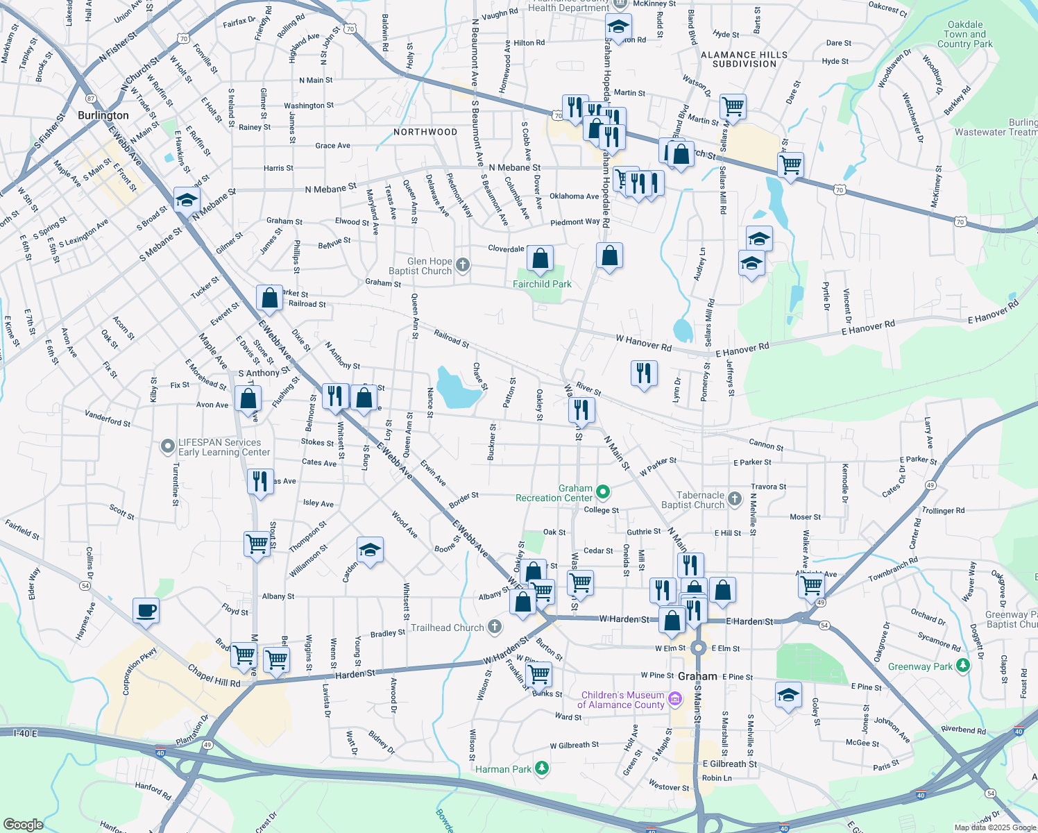 map of restaurants, bars, coffee shops, grocery stores, and more near 615 Providence Rd in Graham