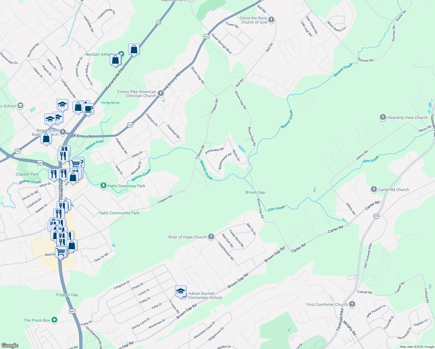 map of restaurants, bars, coffee shops, grocery stores, and more near 7105 Periwinkle Road in Knoxville