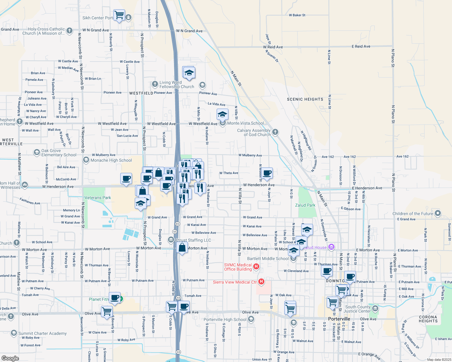 map of restaurants, bars, coffee shops, grocery stores, and more near 689 McComb Avenue in Porterville