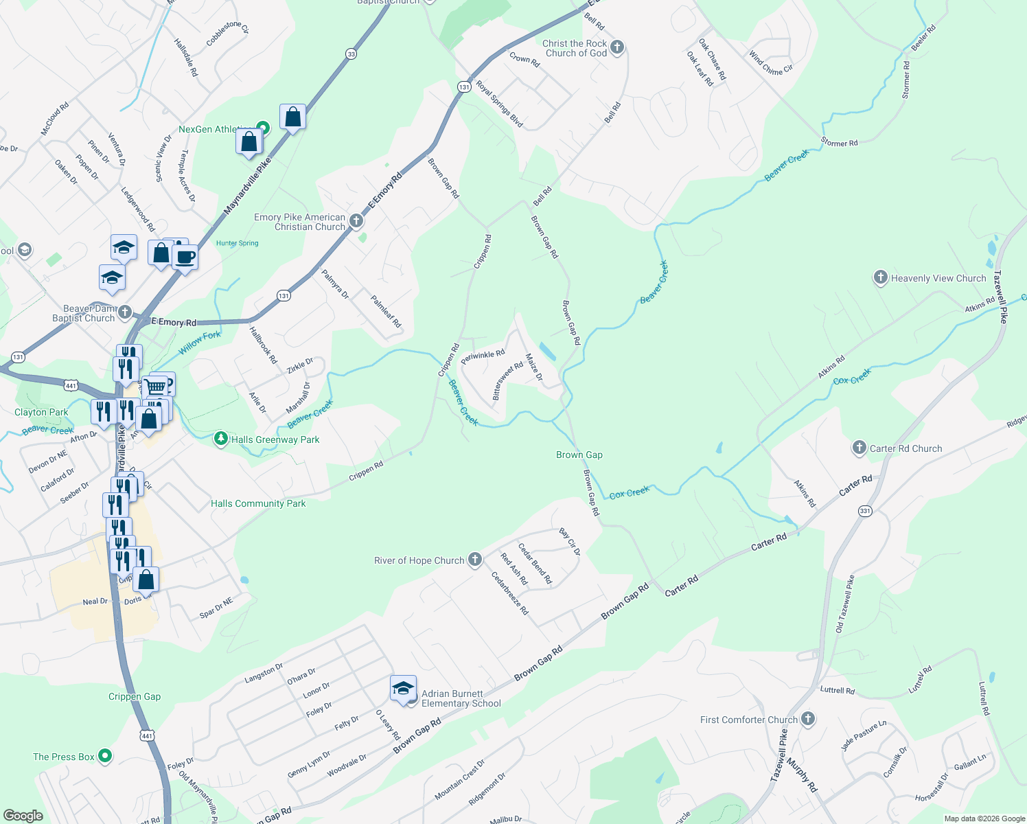 map of restaurants, bars, coffee shops, grocery stores, and more near 7102 Periwinkle Road in Knoxville