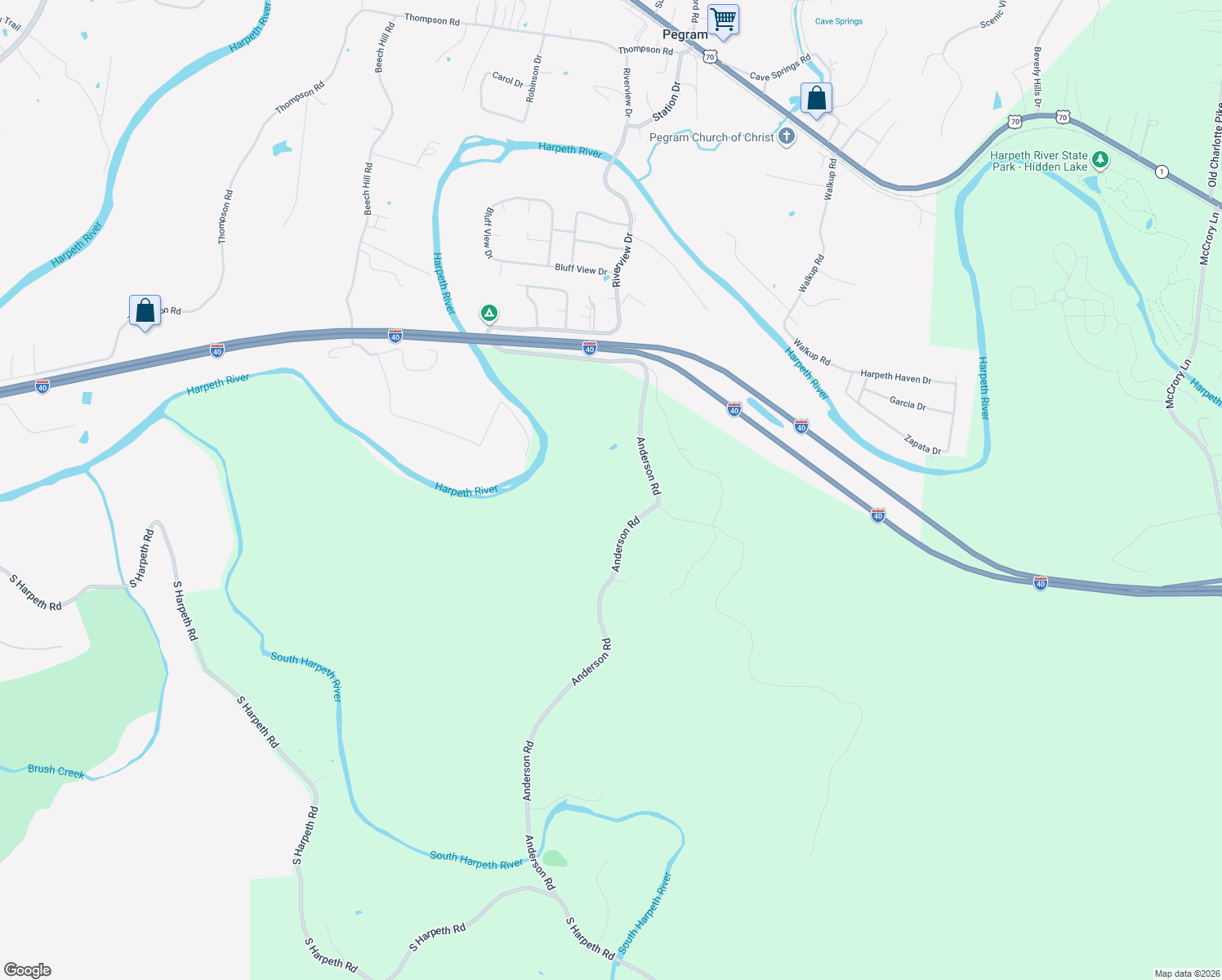 map of restaurants, bars, coffee shops, grocery stores, and more near 6372 Anderson Road in Pegram
