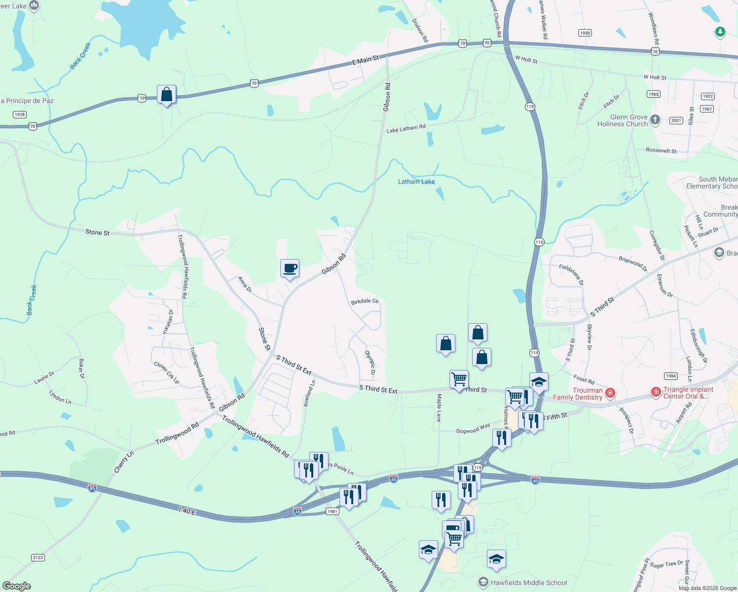 map of restaurants, bars, coffee shops, grocery stores, and more near 1514 Birkdale Circle in Mebane