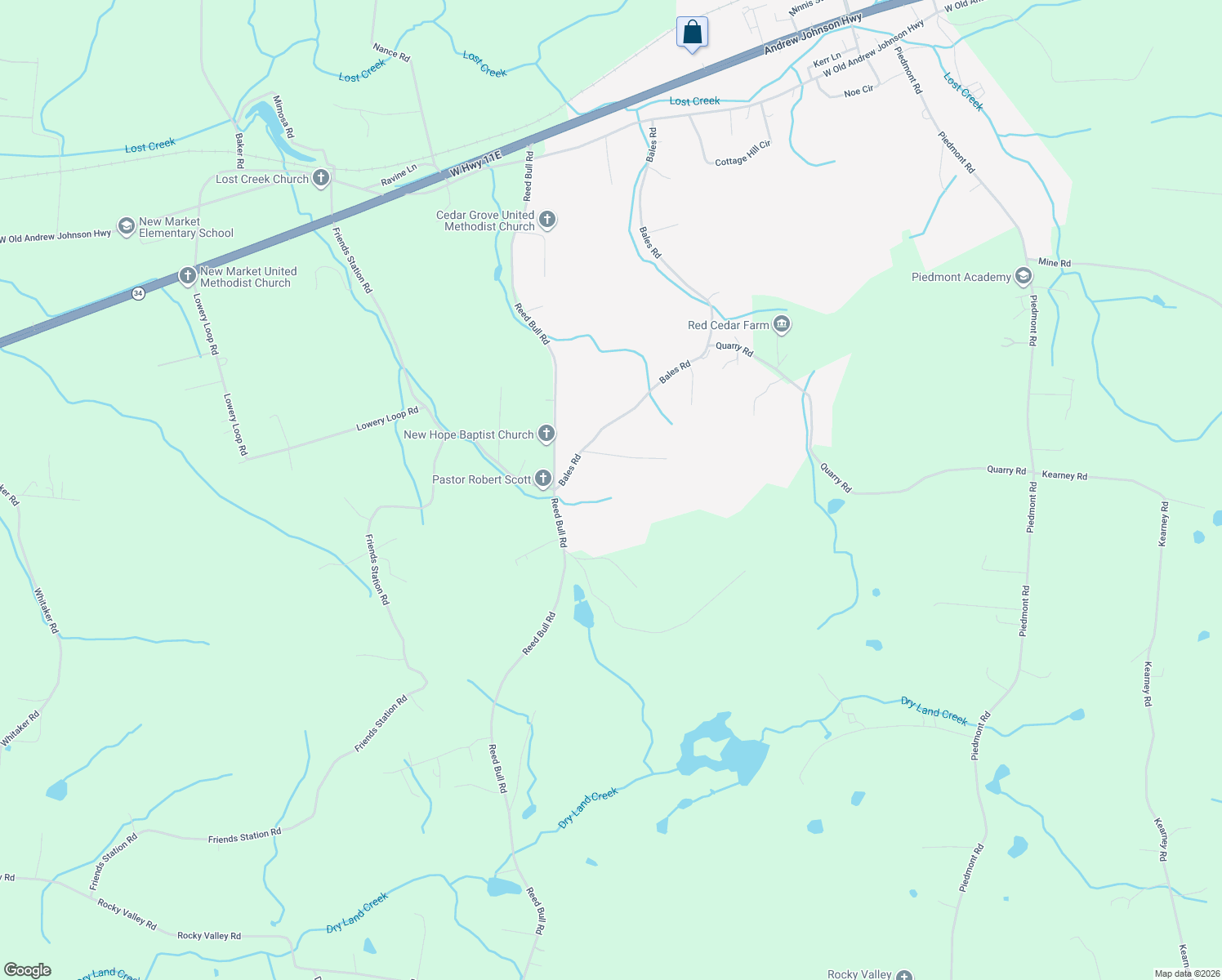 map of restaurants, bars, coffee shops, grocery stores, and more near 1827 Lowery Drive in New Market