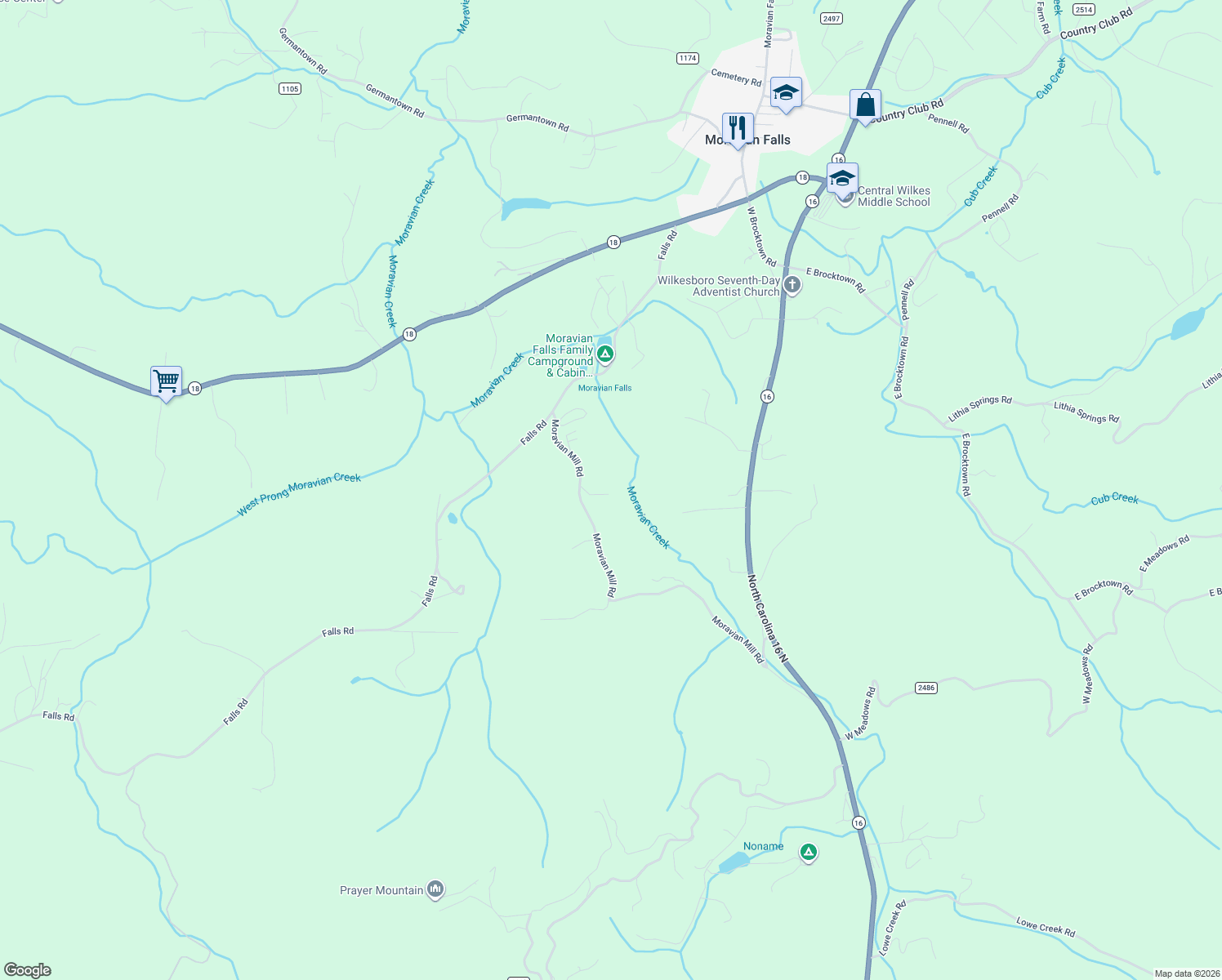 map of restaurants, bars, coffee shops, grocery stores, and more near 323 Moravian Mill Road in Moravian Falls