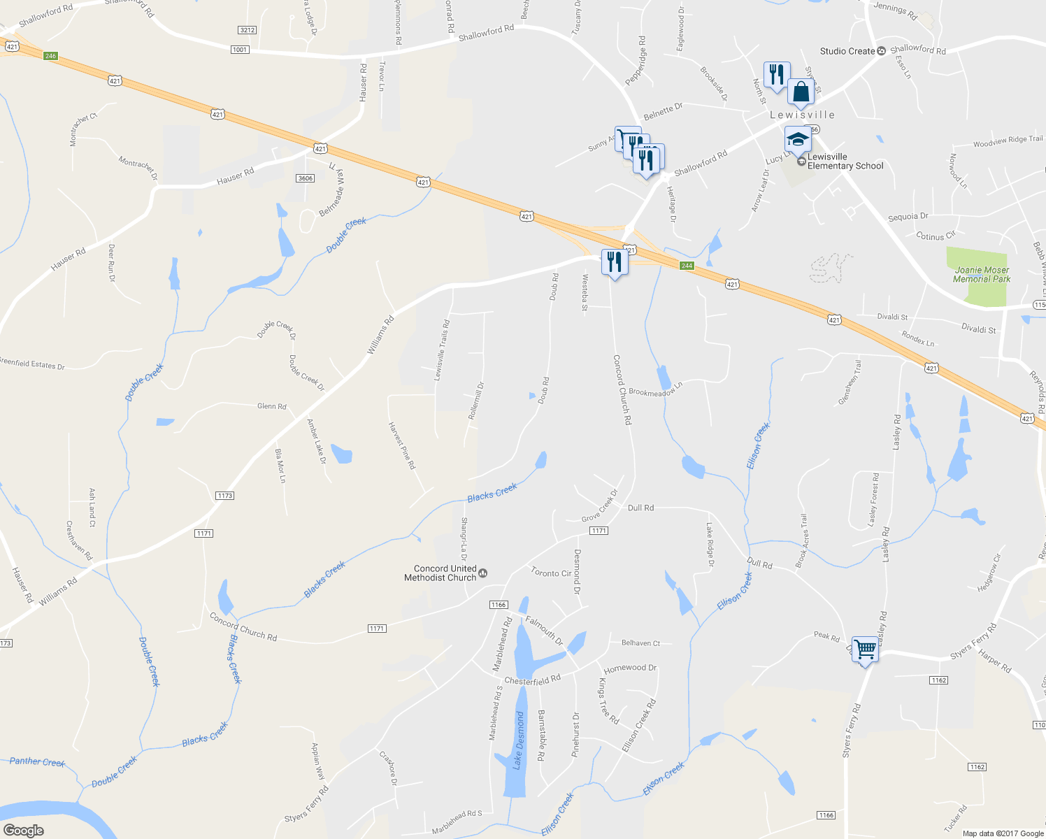 map of restaurants, bars, coffee shops, grocery stores, and more near 510 Doub Road in Lewisville
