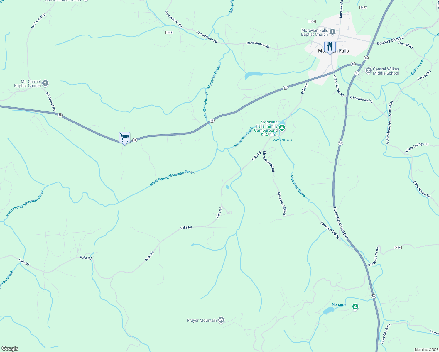 map of restaurants, bars, coffee shops, grocery stores, and more near 1182 Falls Road in Moravian Falls