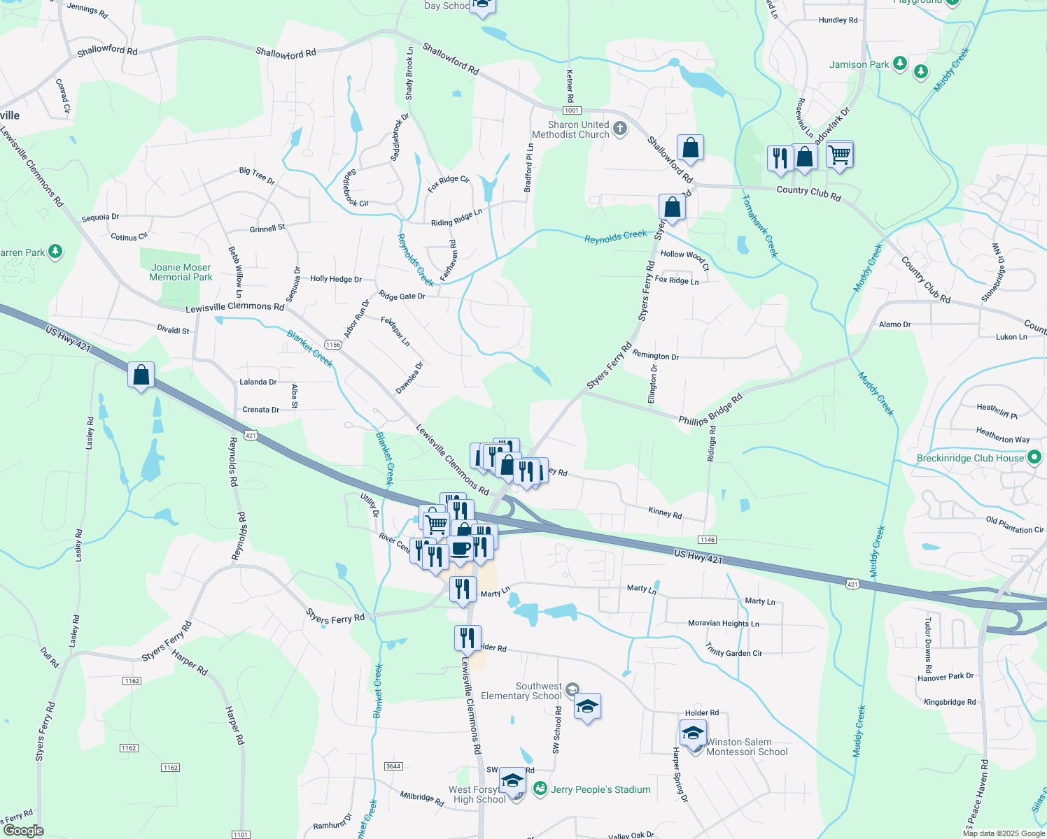 map of restaurants, bars, coffee shops, grocery stores, and more near 4929 Styers Ferry Road in Lewisville