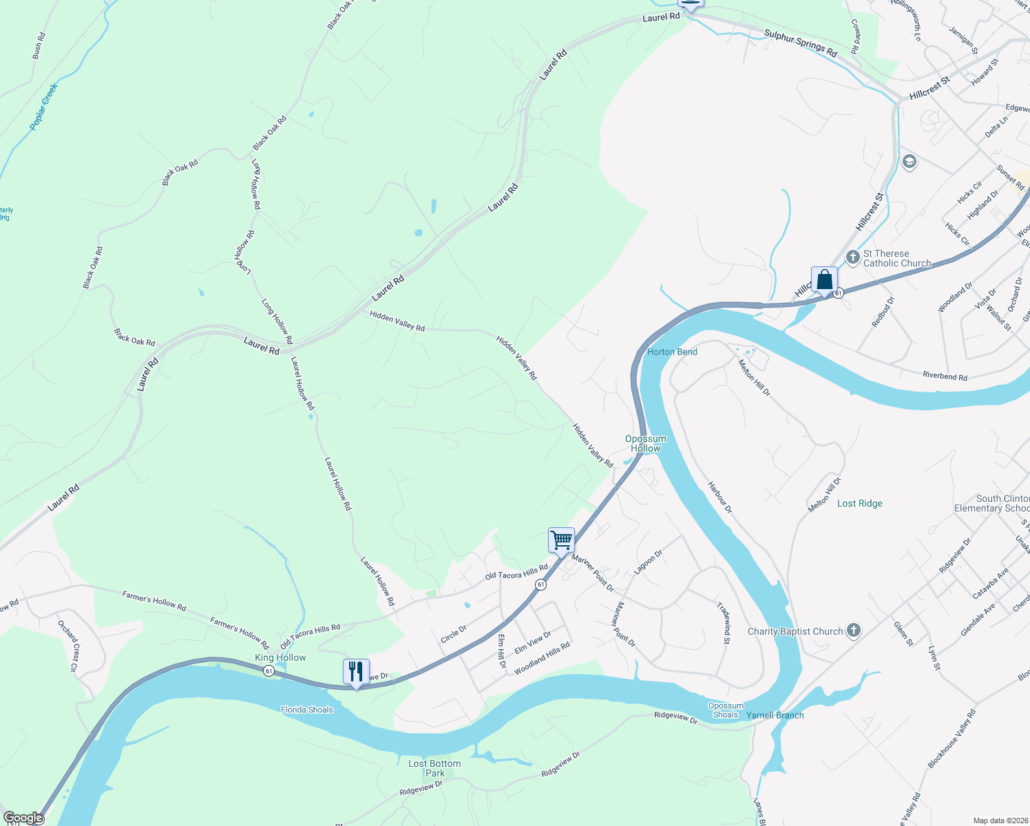 map of restaurants, bars, coffee shops, grocery stores, and more near 1499 Hidden Hills Drive in Clinton