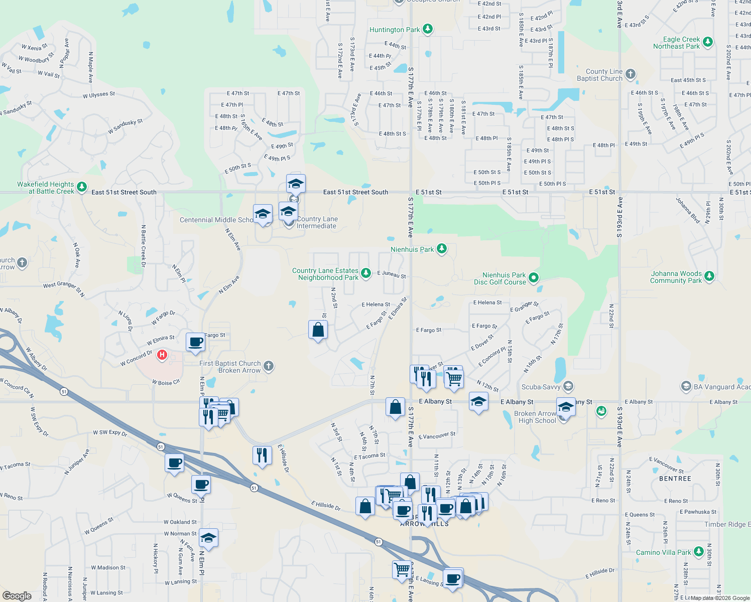 map of restaurants, bars, coffee shops, grocery stores, and more near 600 East Helena Street in Broken Arrow