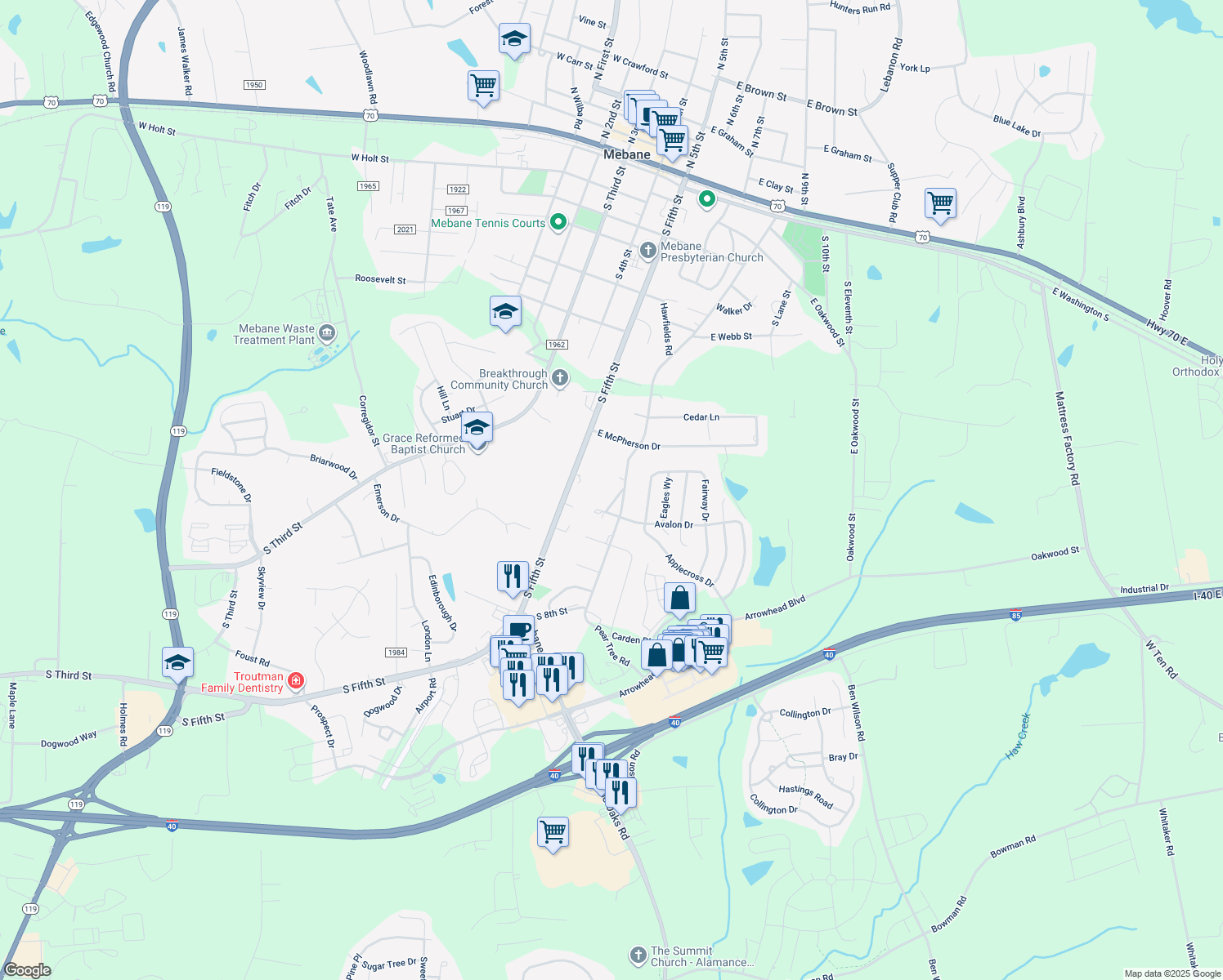 map of restaurants, bars, coffee shops, grocery stores, and more near 708 Buena Vista Road in Mebane