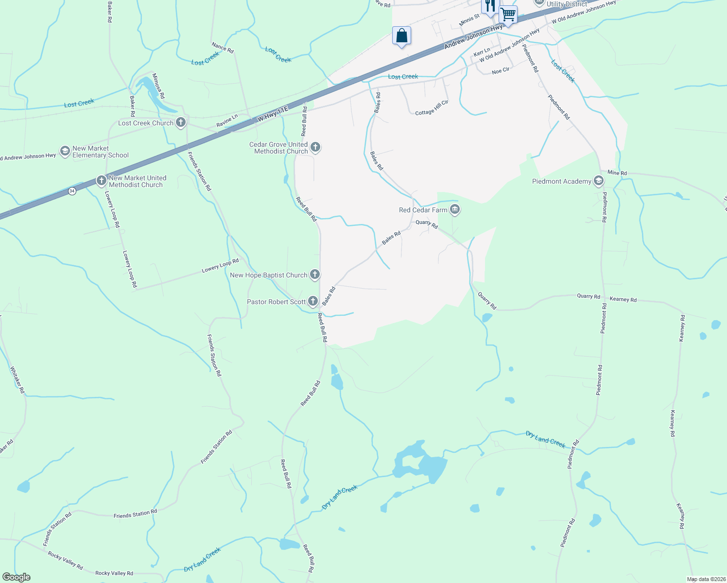 map of restaurants, bars, coffee shops, grocery stores, and more near 1827 Lowery Drive in New Market