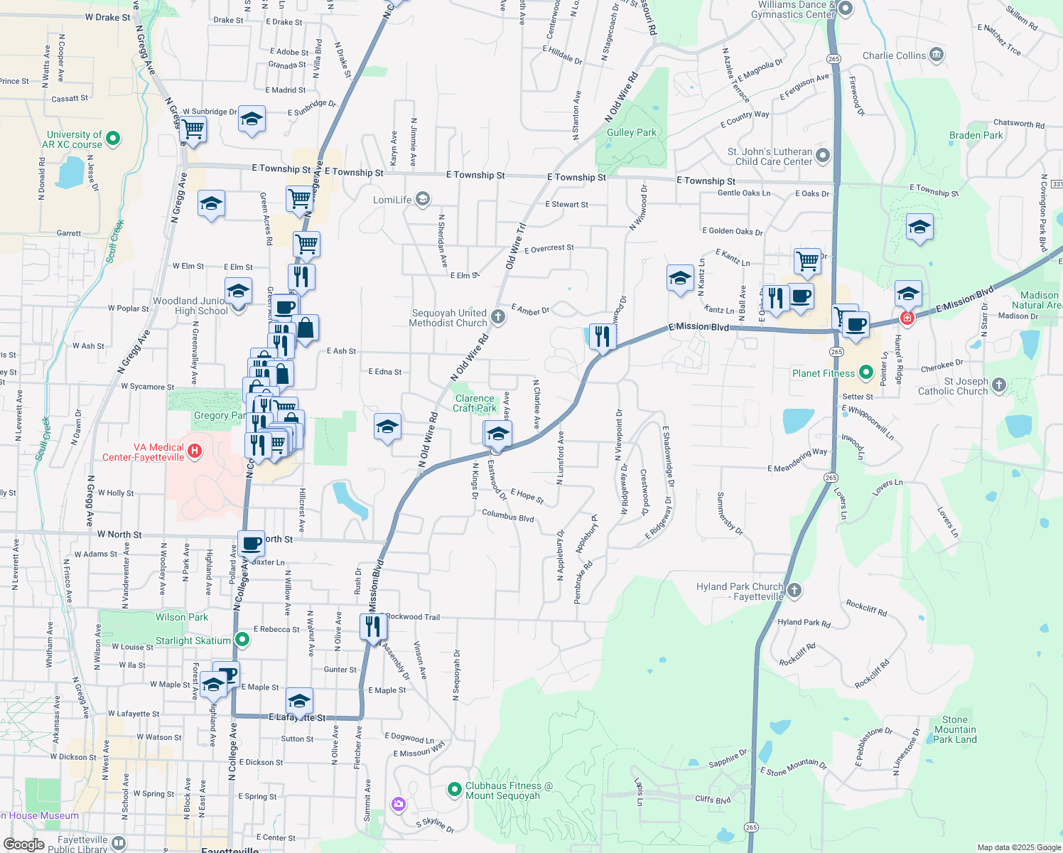 map of restaurants, bars, coffee shops, grocery stores, and more near 1621 North Charlee Avenue in Fayetteville