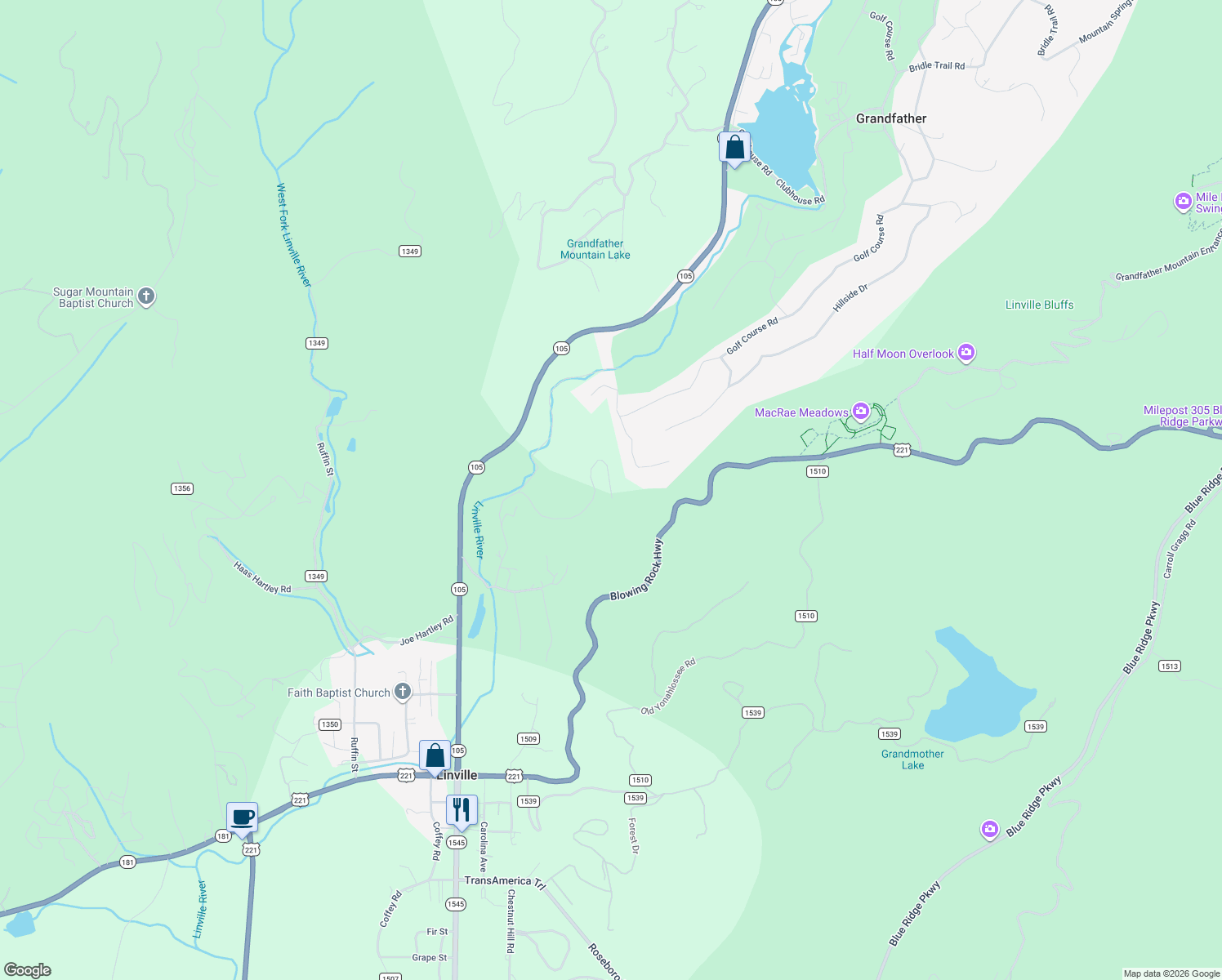 map of restaurants, bars, coffee shops, grocery stores, and more near 31 Royal Willie Lane in Linville