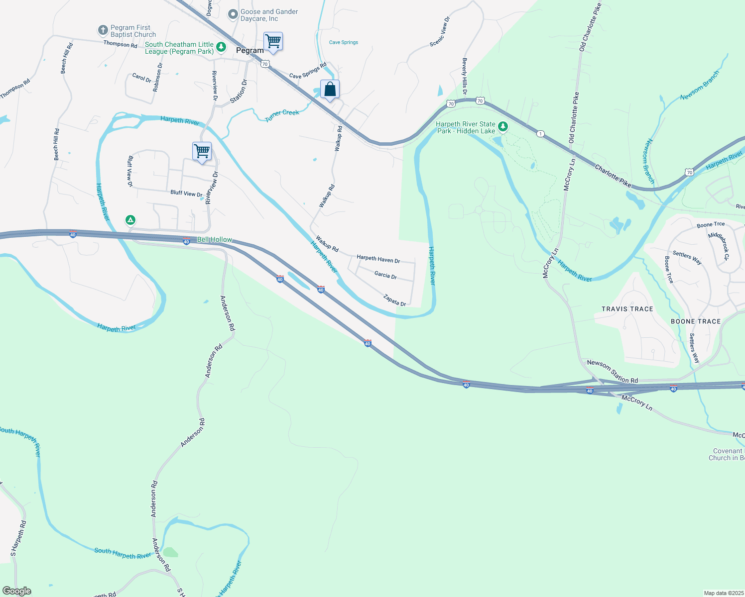 map of restaurants, bars, coffee shops, grocery stores, and more near 5586 Zapata Drive in Pegram