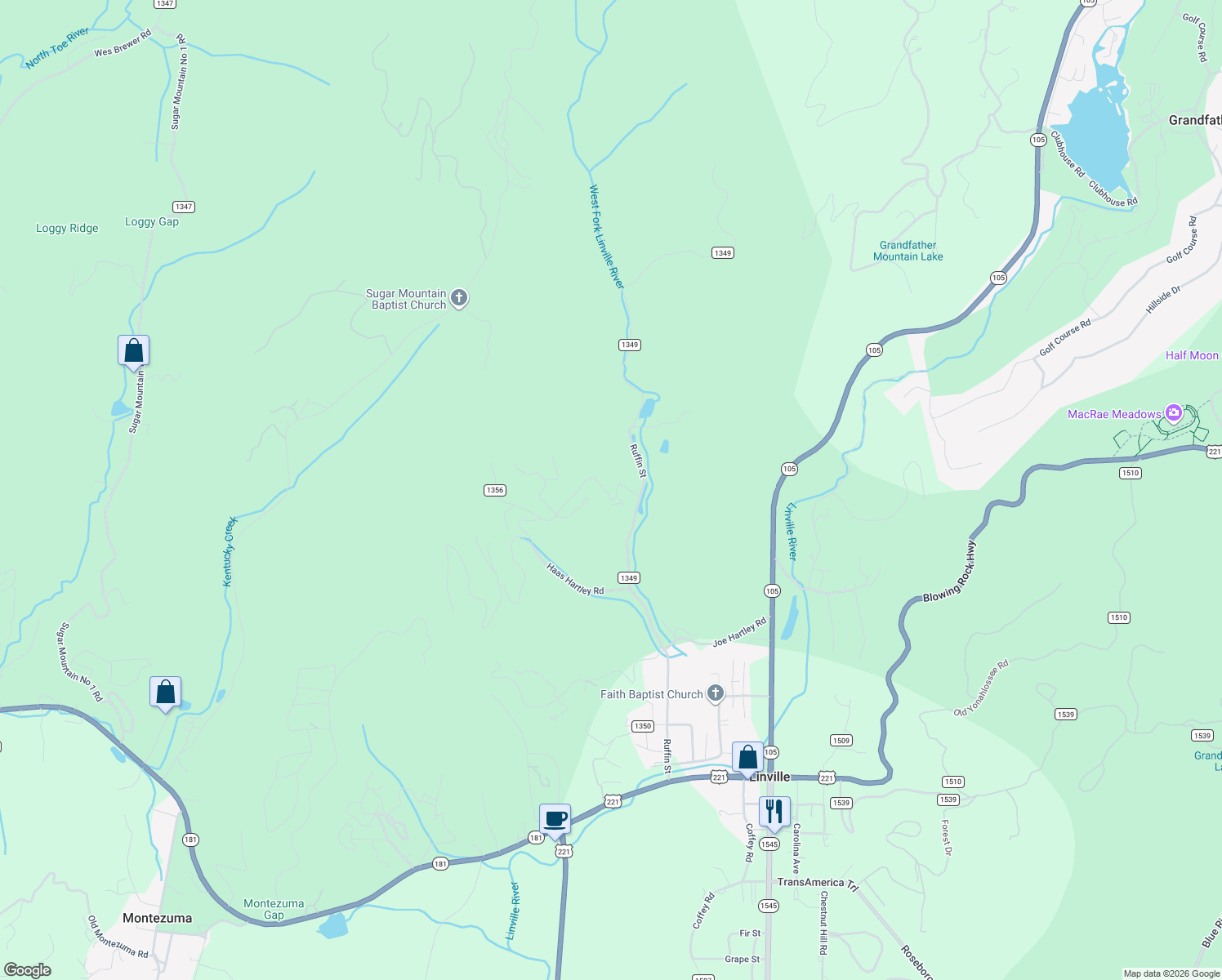map of restaurants, bars, coffee shops, grocery stores, and more near 144 Linville Creek Drive in Linville