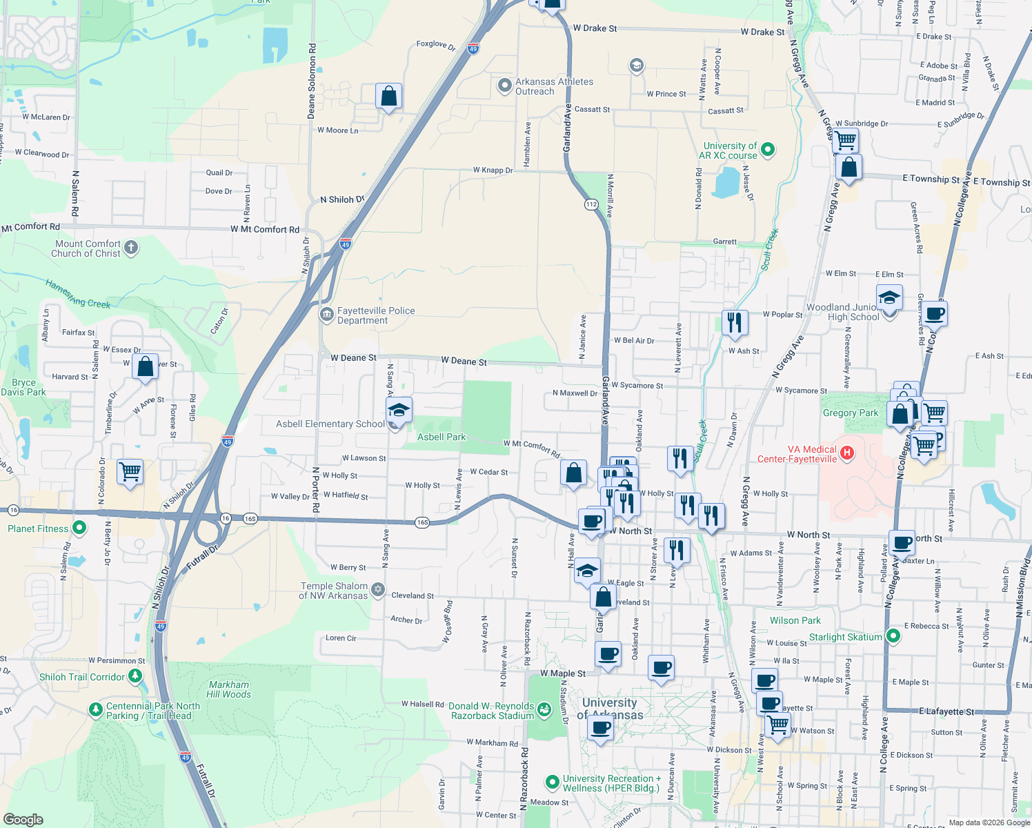 map of restaurants, bars, coffee shops, grocery stores, and more near 1633 N Stephens Ave in Fayetteville