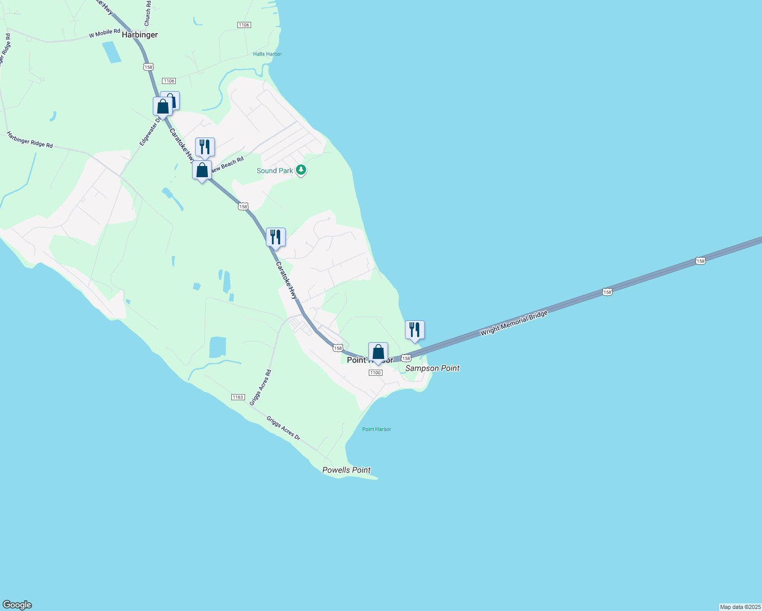 map of restaurants, bars, coffee shops, grocery stores, and more near 109 James Griggs Road in Point Harbor