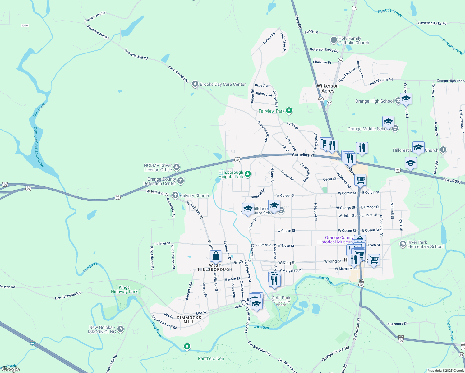 map of restaurants, bars, coffee shops, grocery stores, and more near 522 Forrest Street in Hillsborough