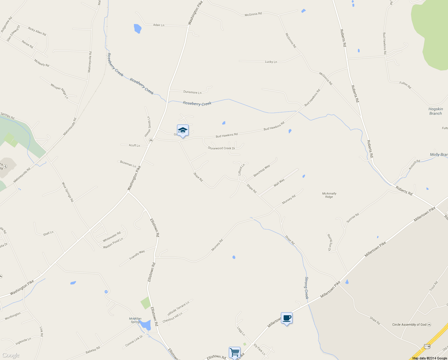 map of restaurants, bars, coffee shops, grocery stores, and more near 4515 Shipe Road in Corryton