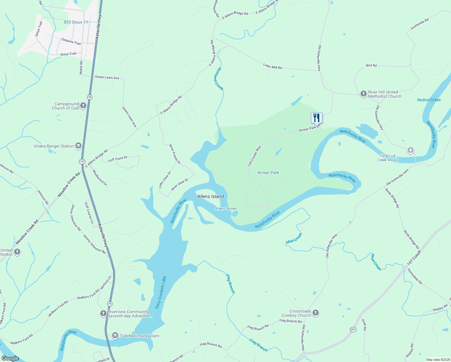 map of restaurants, bars, coffee shops, grocery stores, and more near Boat Ramp Road in Greeneville