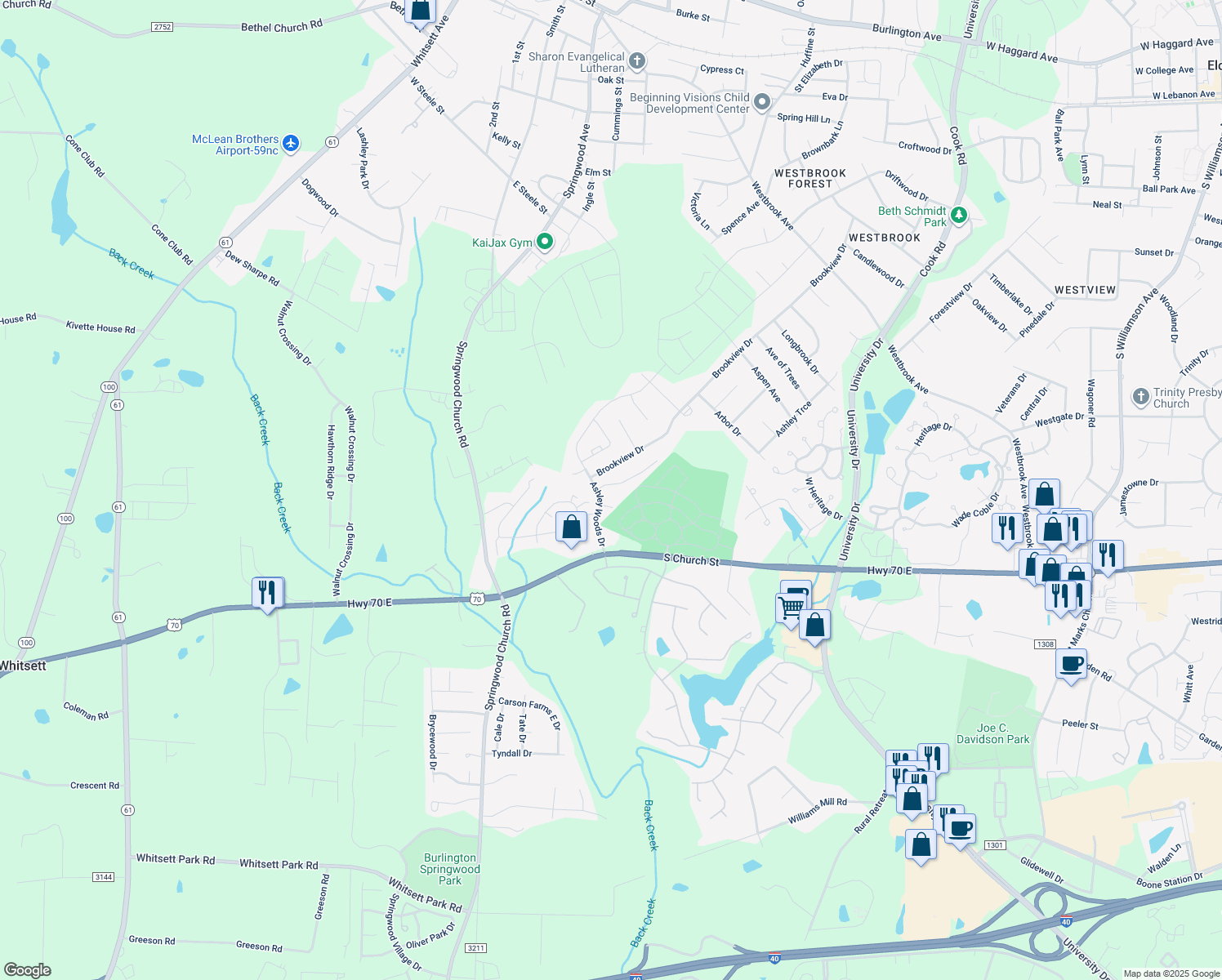 map of restaurants, bars, coffee shops, grocery stores, and more near 103 Alyssa Drive in Gibsonville
