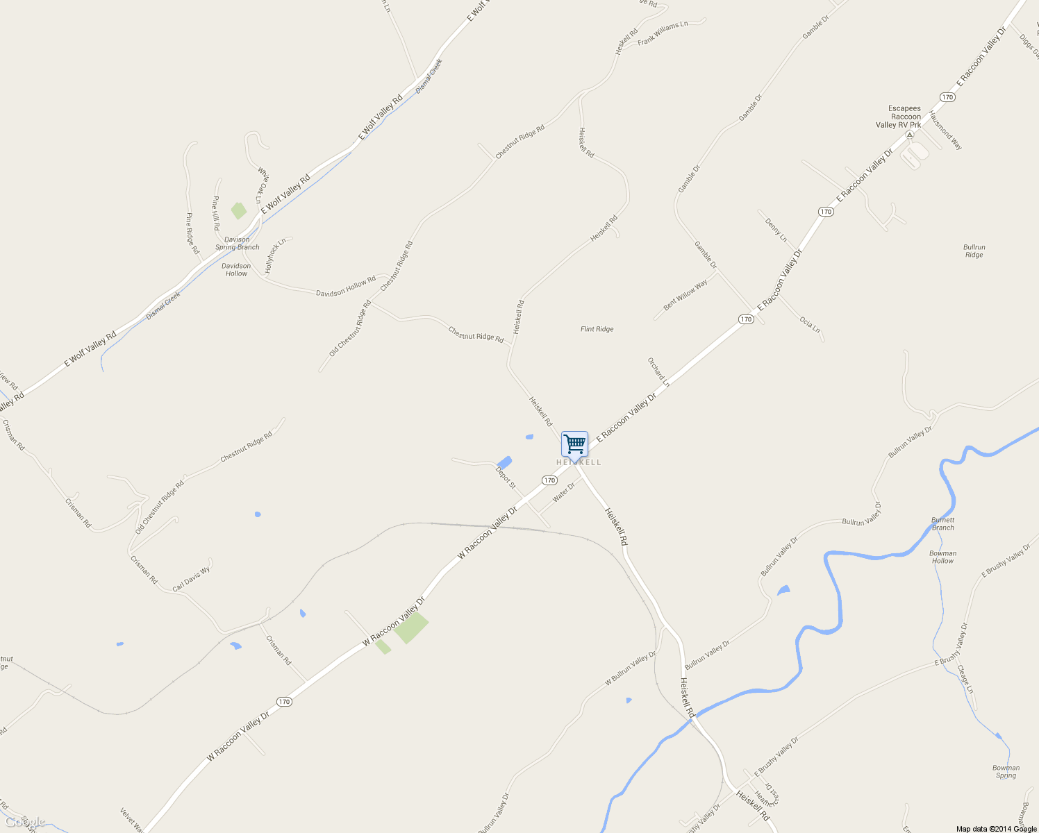 map of restaurants, bars, coffee shops, grocery stores, and more near 9545 Heiskell Road in Heiskell