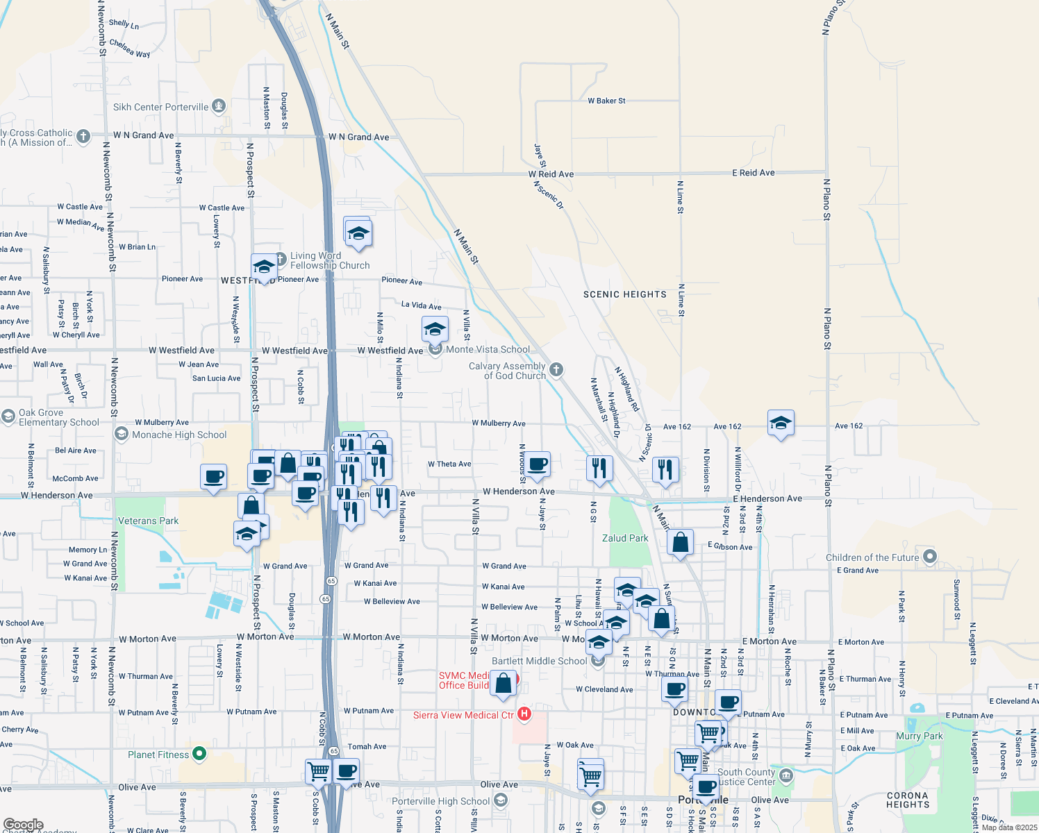 map of restaurants, bars, coffee shops, grocery stores, and more near 462 West Mulberry Avenue in Porterville