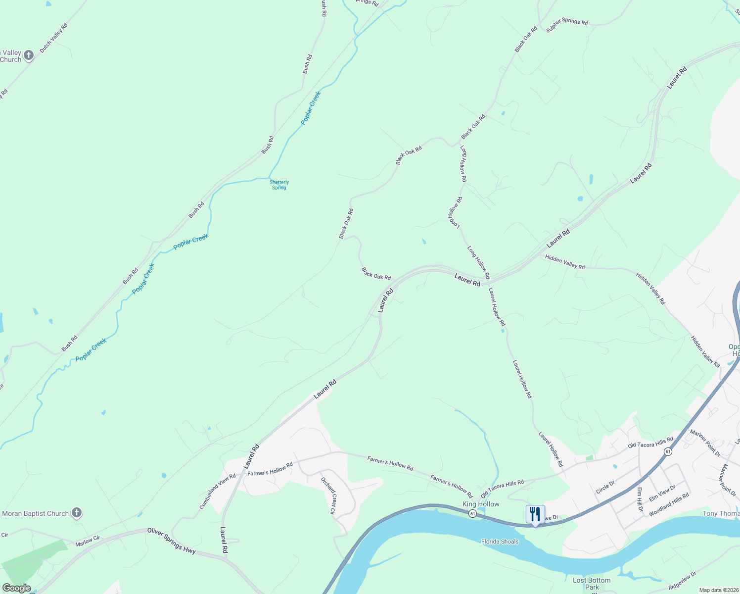 map of restaurants, bars, coffee shops, grocery stores, and more near 692 Black Oak Road in Clinton