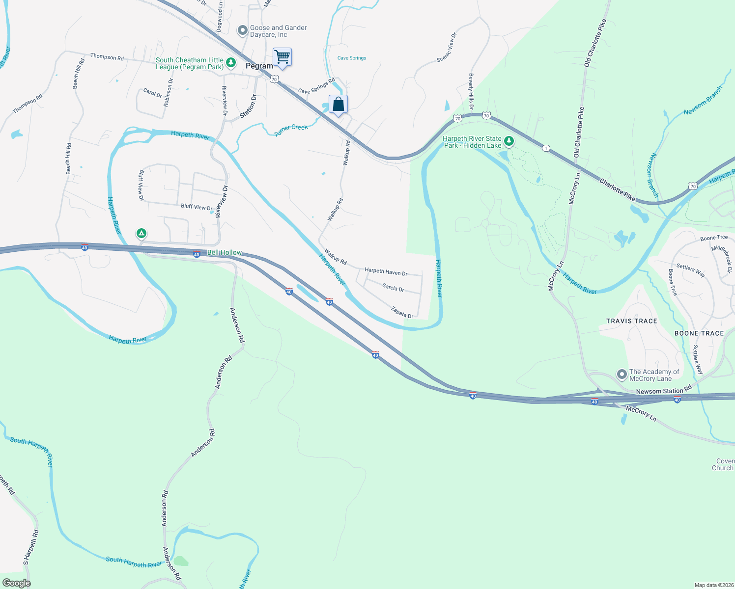 map of restaurants, bars, coffee shops, grocery stores, and more near 5596 Zapata Drive in Pegram