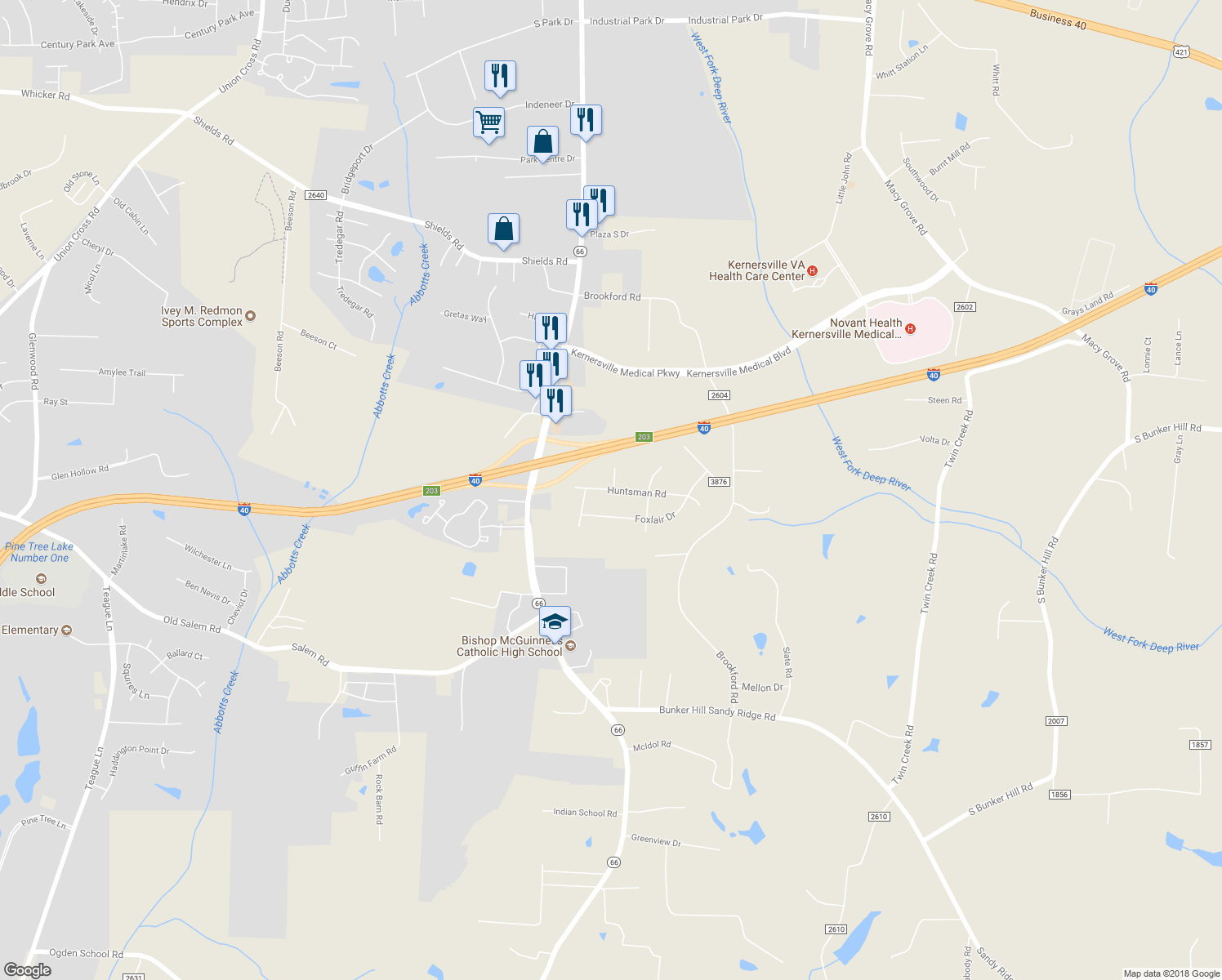 map of restaurants, bars, coffee shops, grocery stores, and more near 9020 Huntsman Road in Kernersville