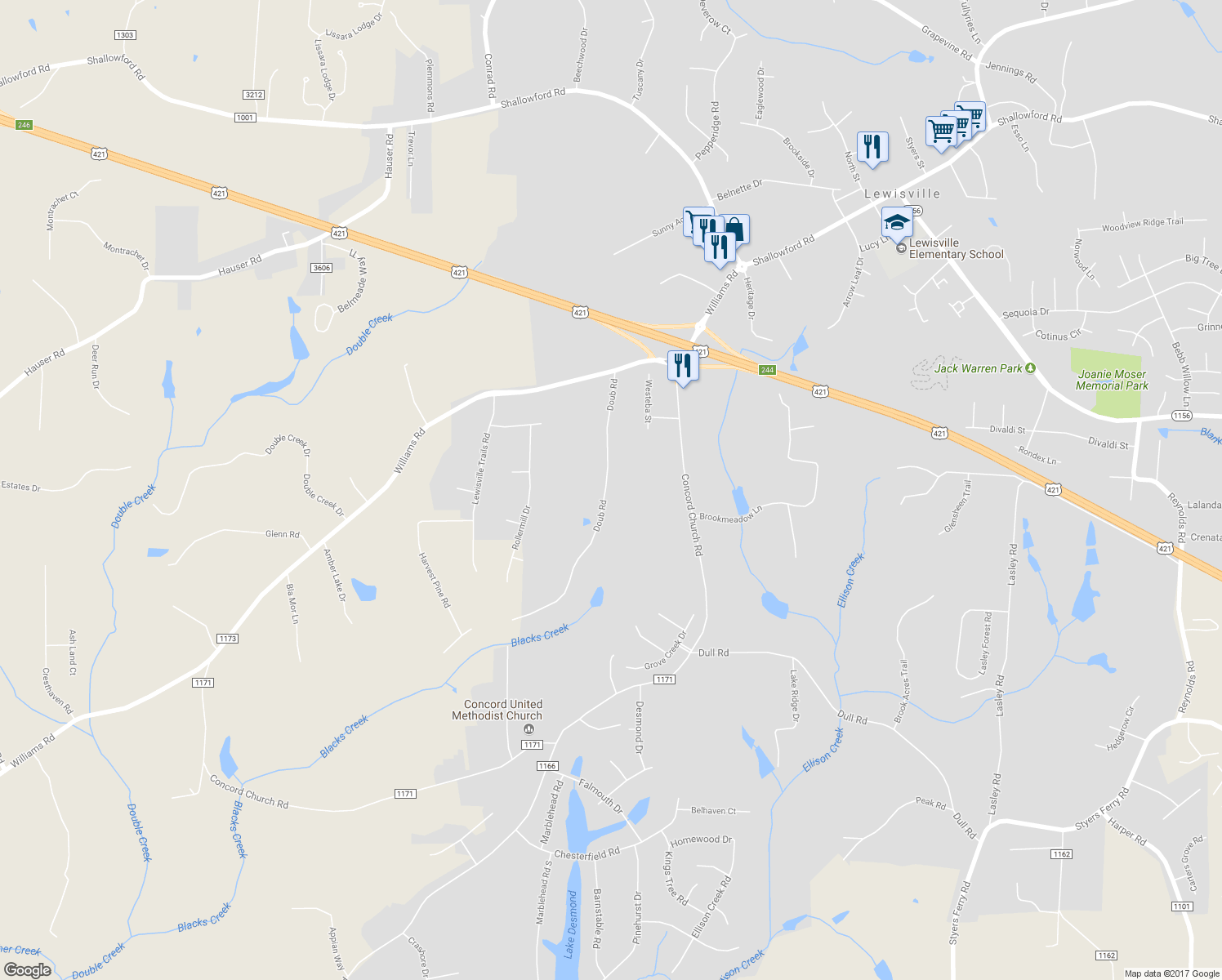 map of restaurants, bars, coffee shops, grocery stores, and more near 425 Doub Road in Lewisville