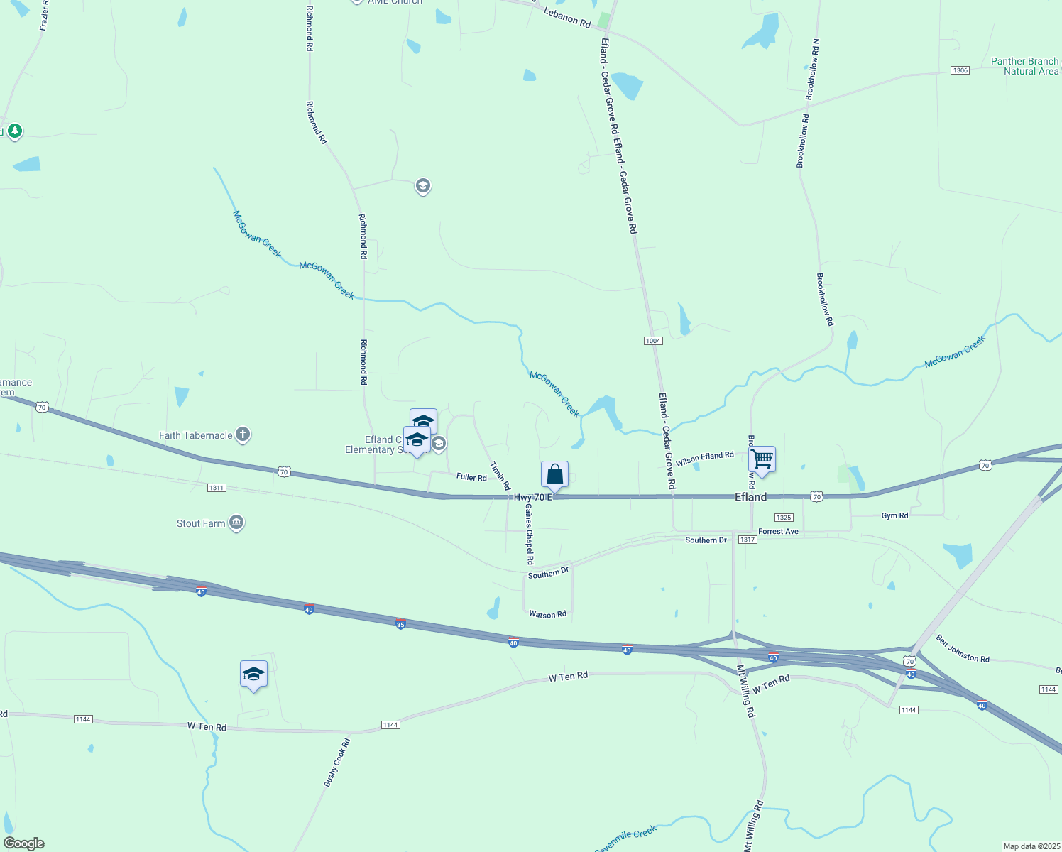 map of restaurants, bars, coffee shops, grocery stores, and more near 312 Ashwick Drive in Efland