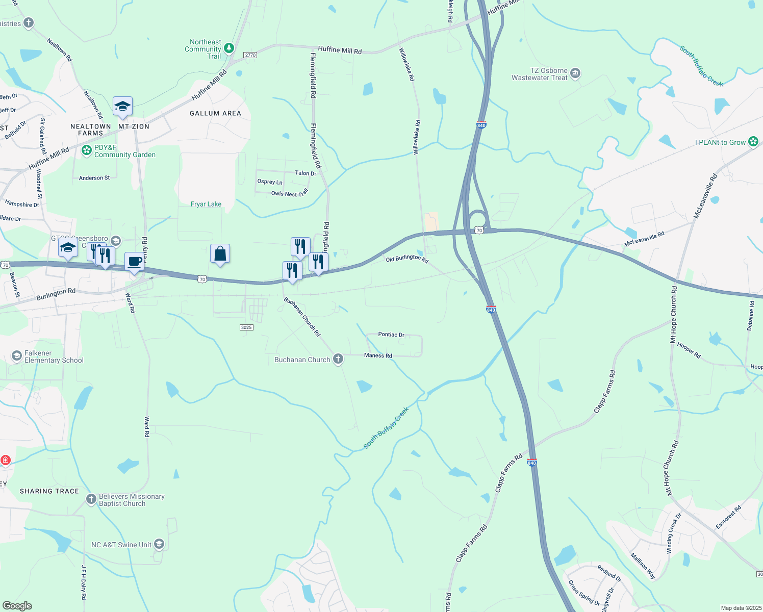 map of restaurants, bars, coffee shops, grocery stores, and more near 143 Wagoner Bend Road in Greensboro