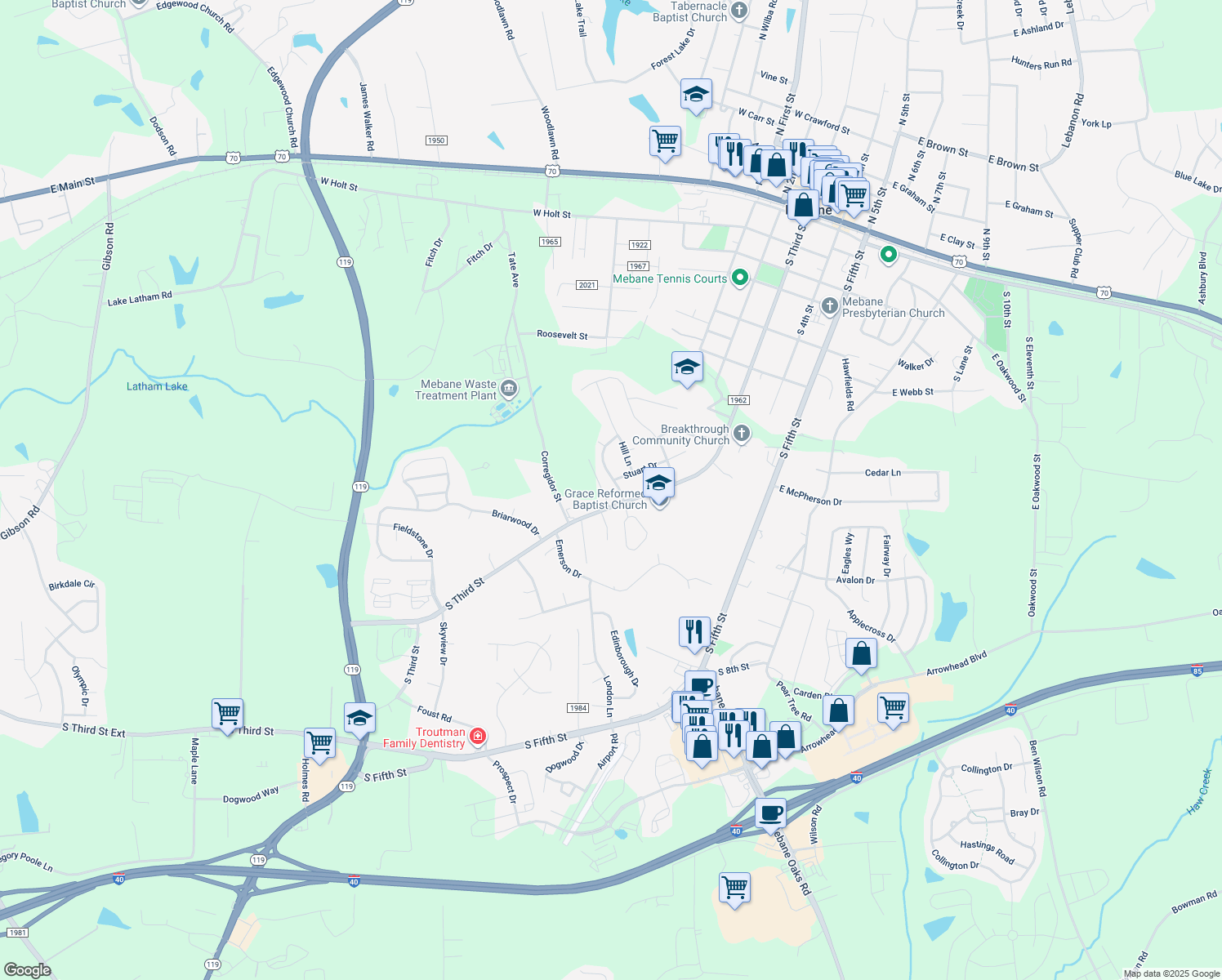 map of restaurants, bars, coffee shops, grocery stores, and more near 201 Pickett Ln in Mebane