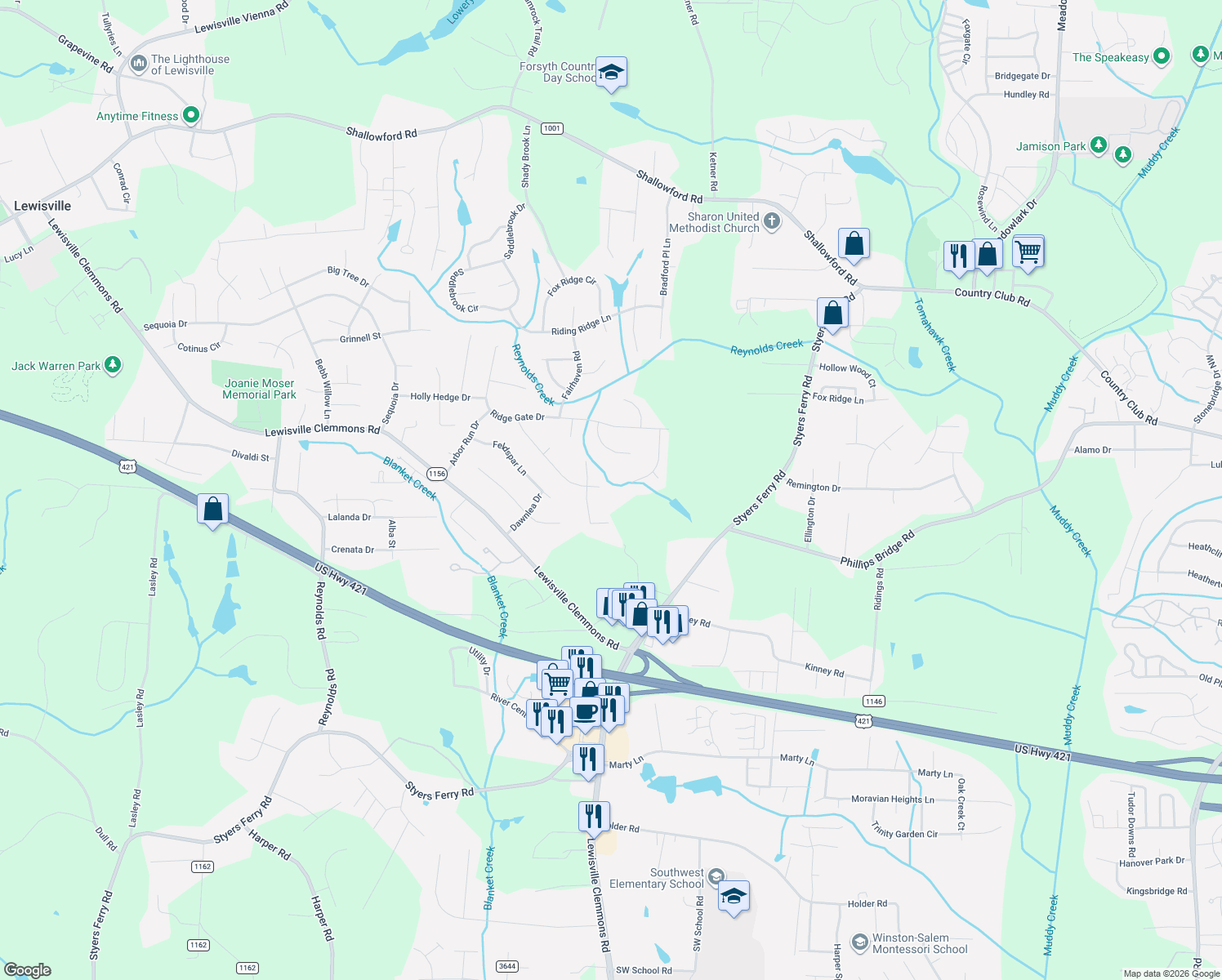 map of restaurants, bars, coffee shops, grocery stores, and more near 1140 Fallbrook Lane in Lewisville