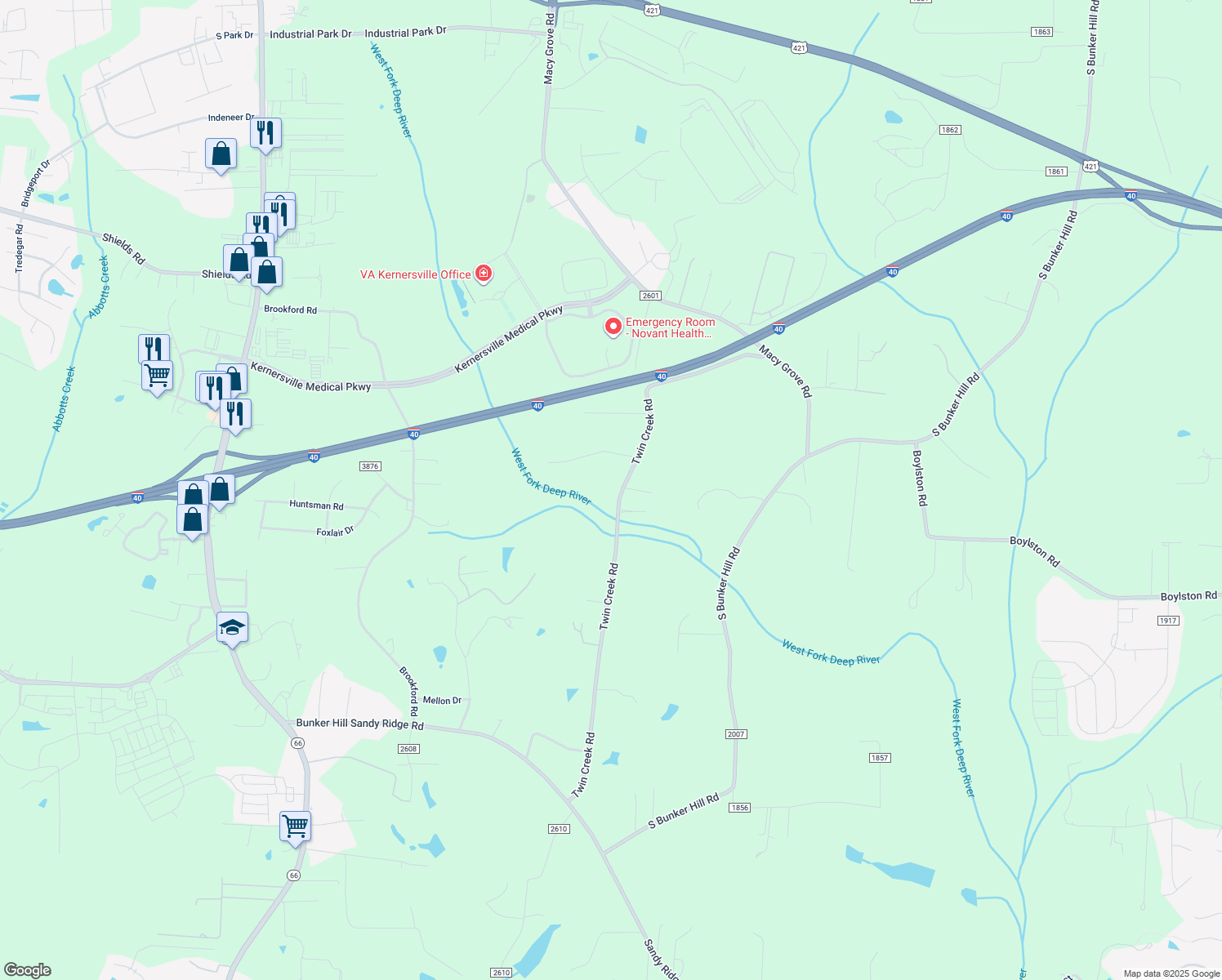 map of restaurants, bars, coffee shops, grocery stores, and more near 824 Twin Creek Road in Kernersville