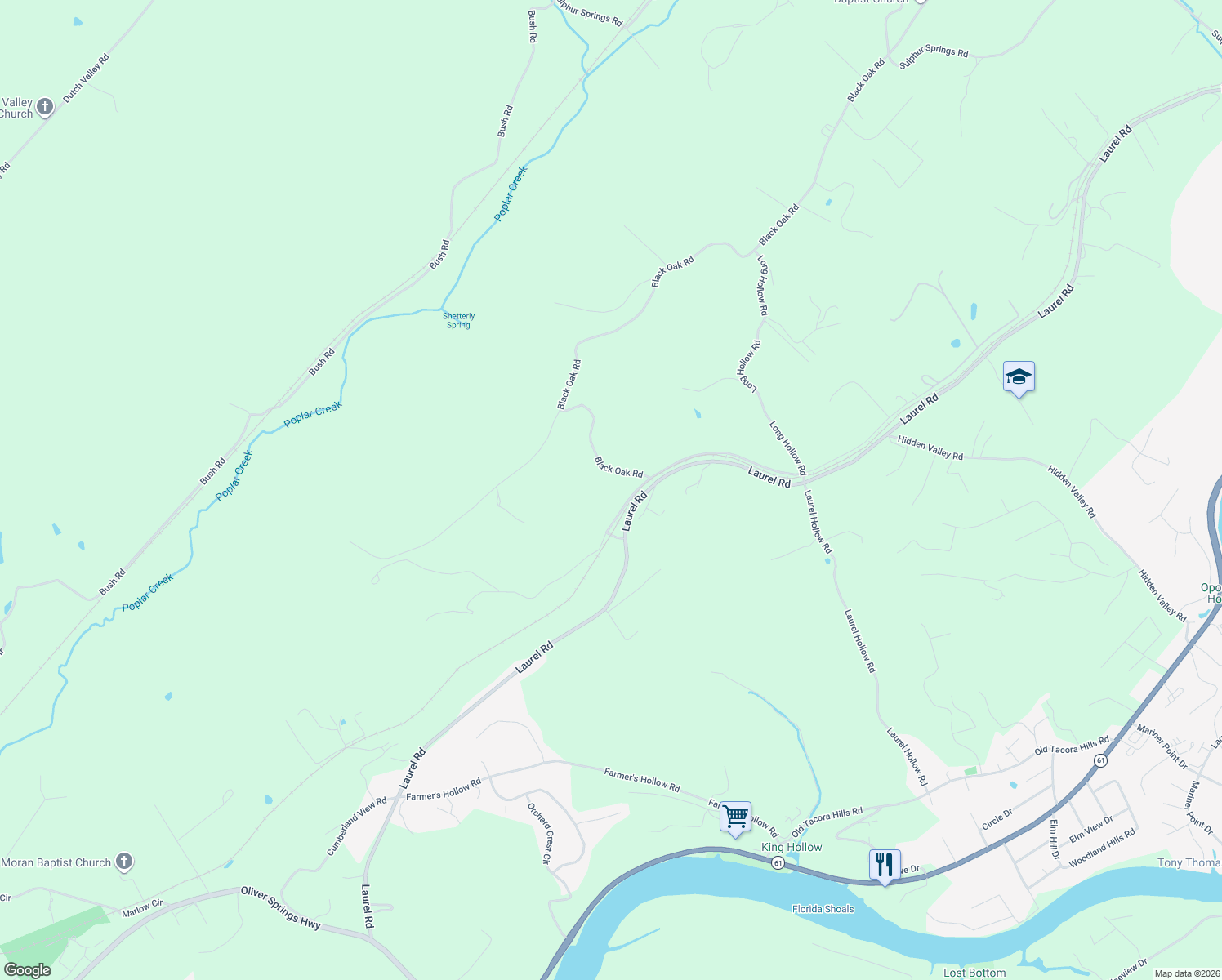 map of restaurants, bars, coffee shops, grocery stores, and more near 692 Black Oak Road in Clinton