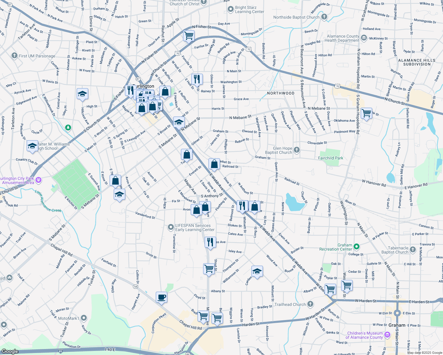 map of restaurants, bars, coffee shops, grocery stores, and more near 921 Dixie St in Burlington