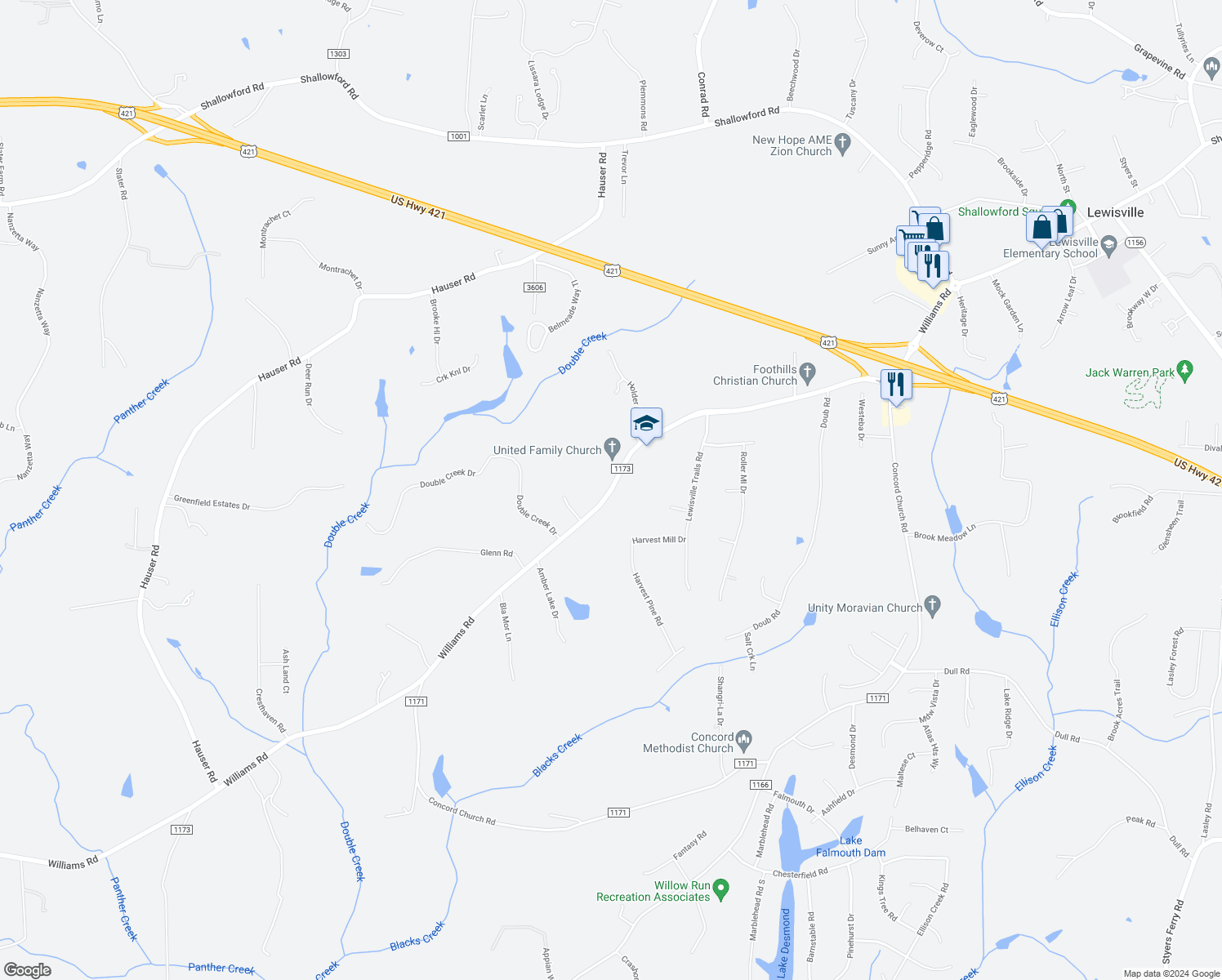 map of restaurants, bars, coffee shops, grocery stores, and more near Williams Road in Lewisville