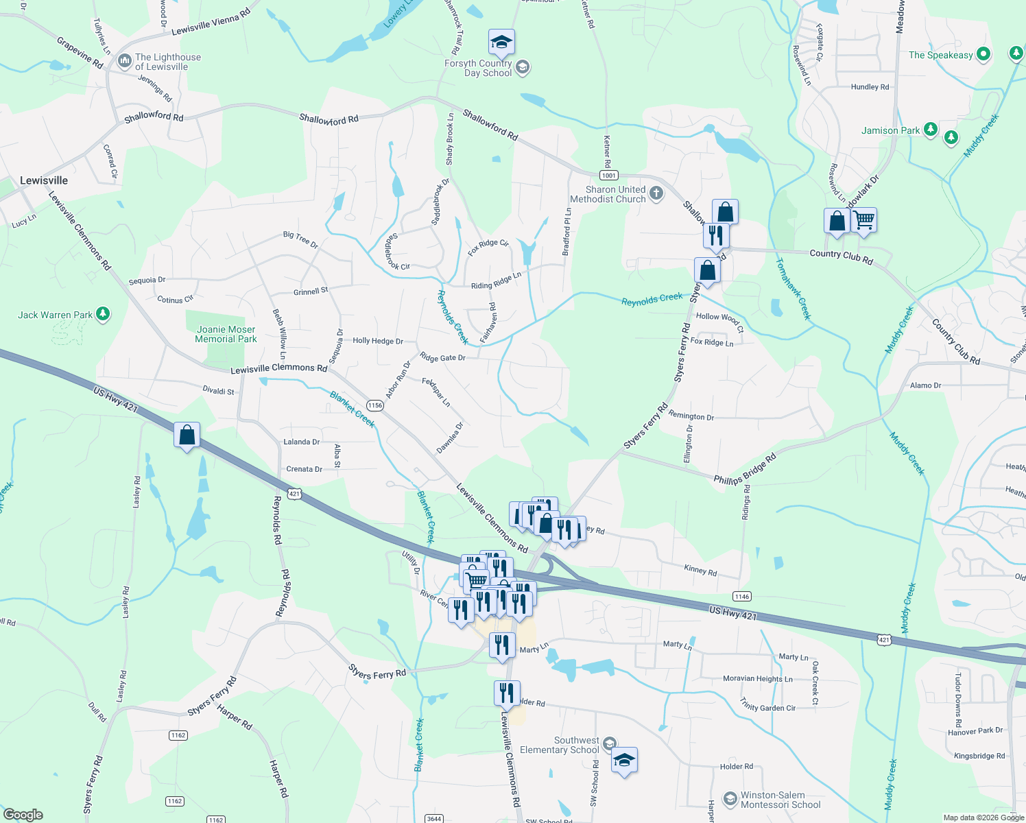 map of restaurants, bars, coffee shops, grocery stores, and more near 1140 Fallbrook Lane in Lewisville