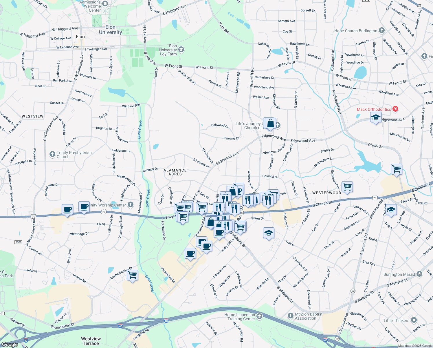 map of restaurants, bars, coffee shops, grocery stores, and more near 916 Colonial Dr in Burlington
