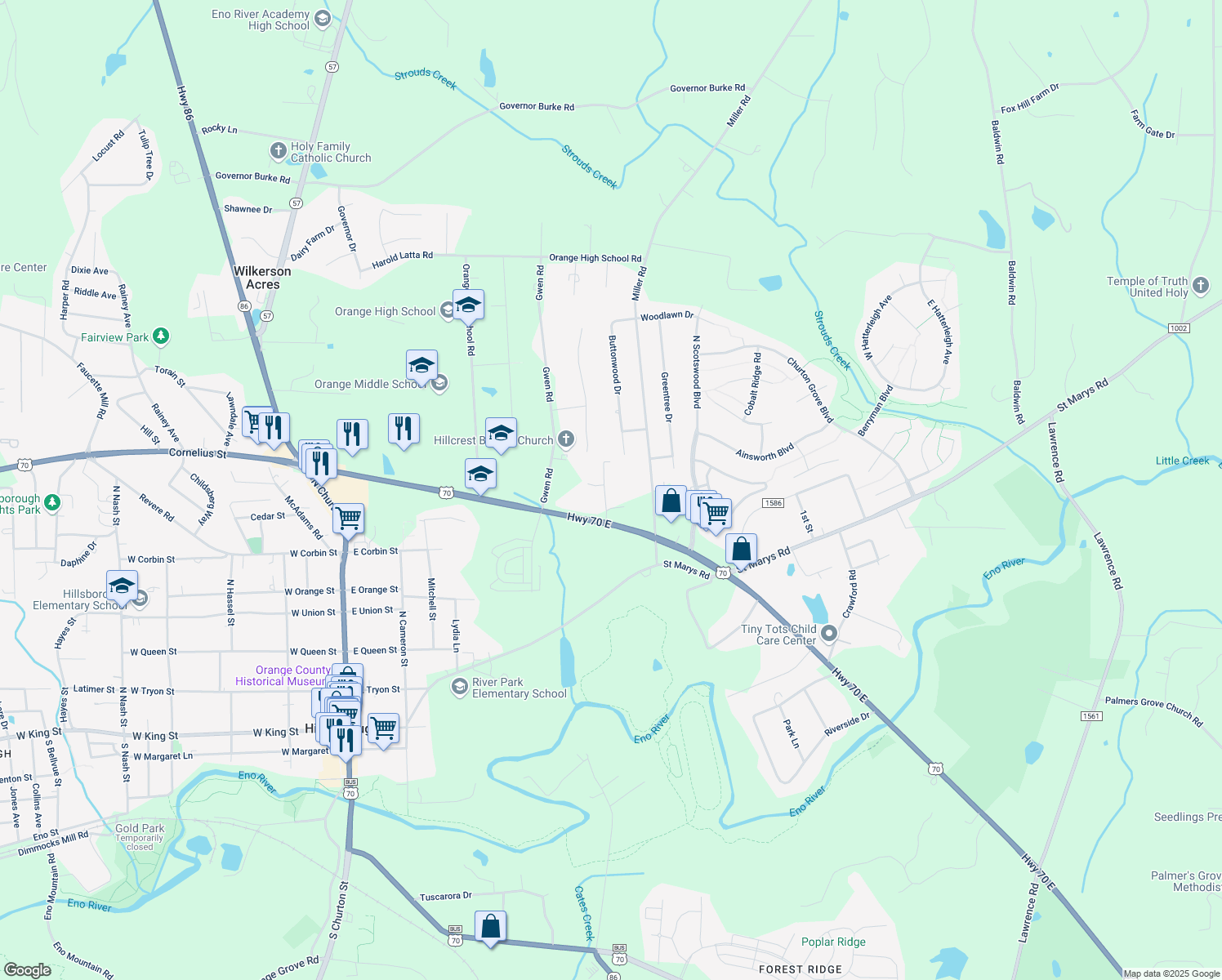 map of restaurants, bars, coffee shops, grocery stores, and more near 203 Latta Road in Hillsborough
