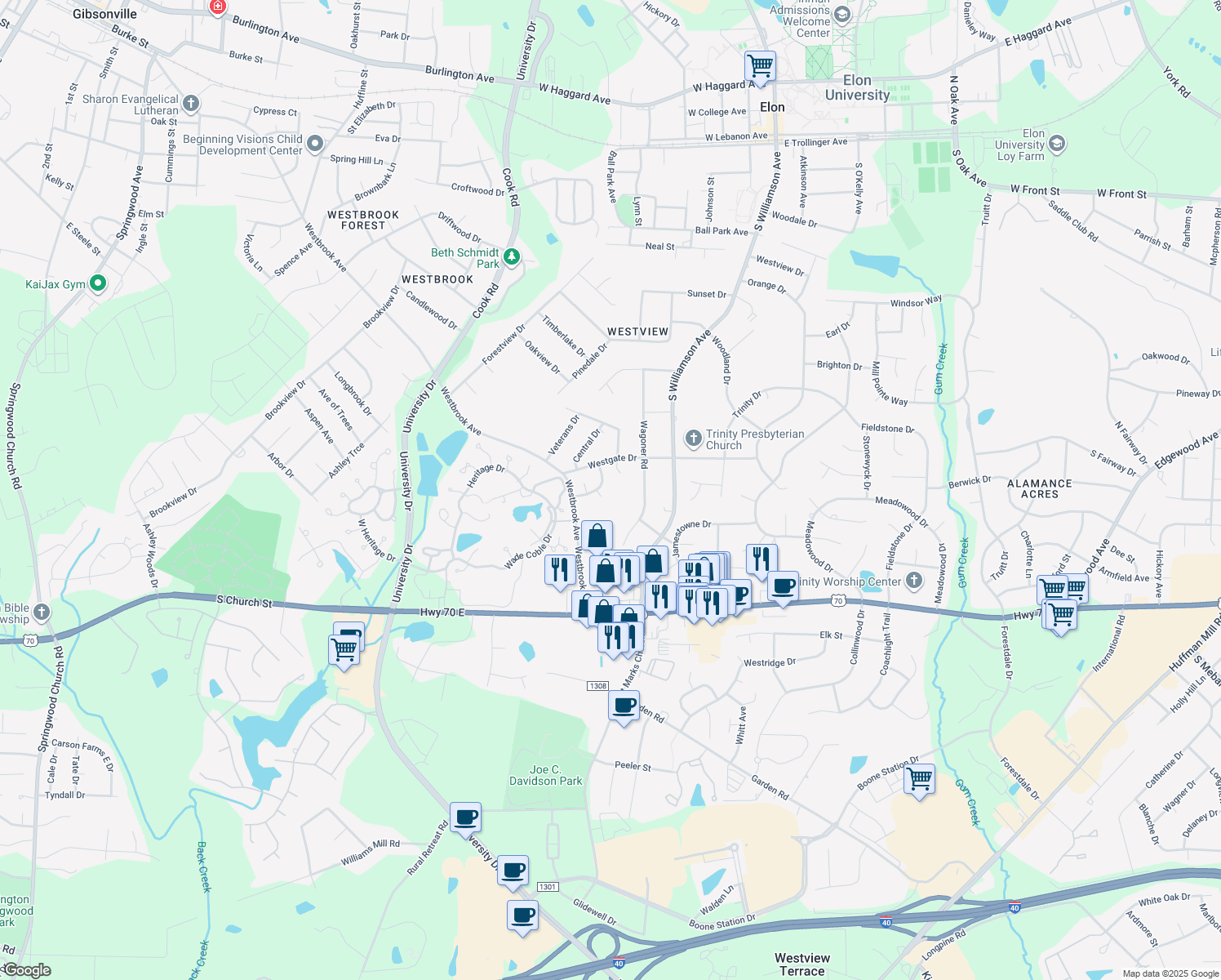 map of restaurants, bars, coffee shops, grocery stores, and more near 807 Westwood Court in Elon