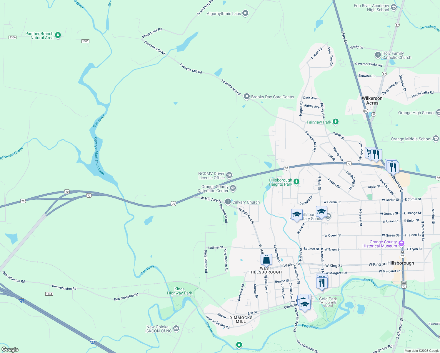map of restaurants, bars, coffee shops, grocery stores, and more near 1219 U.S. 70 in Hillsborough